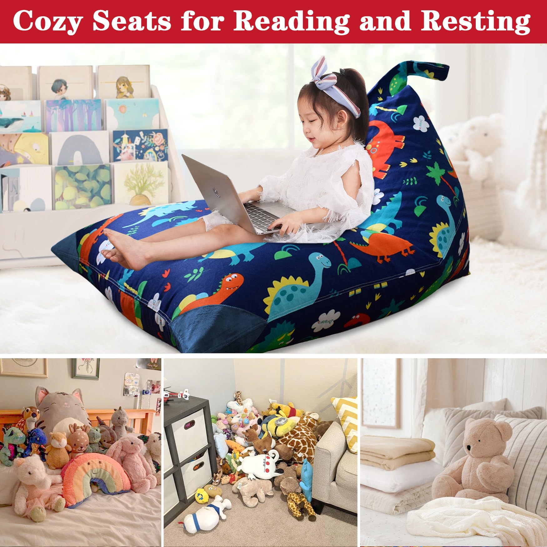 Jorbest Dinosaur Stuffed Animal Storage Bean Bag Chair Cover - 200L/52Gal Large Capacity for Kids & Adults | Perfect for Playrooms, Bedrooms & Dorm Organization
