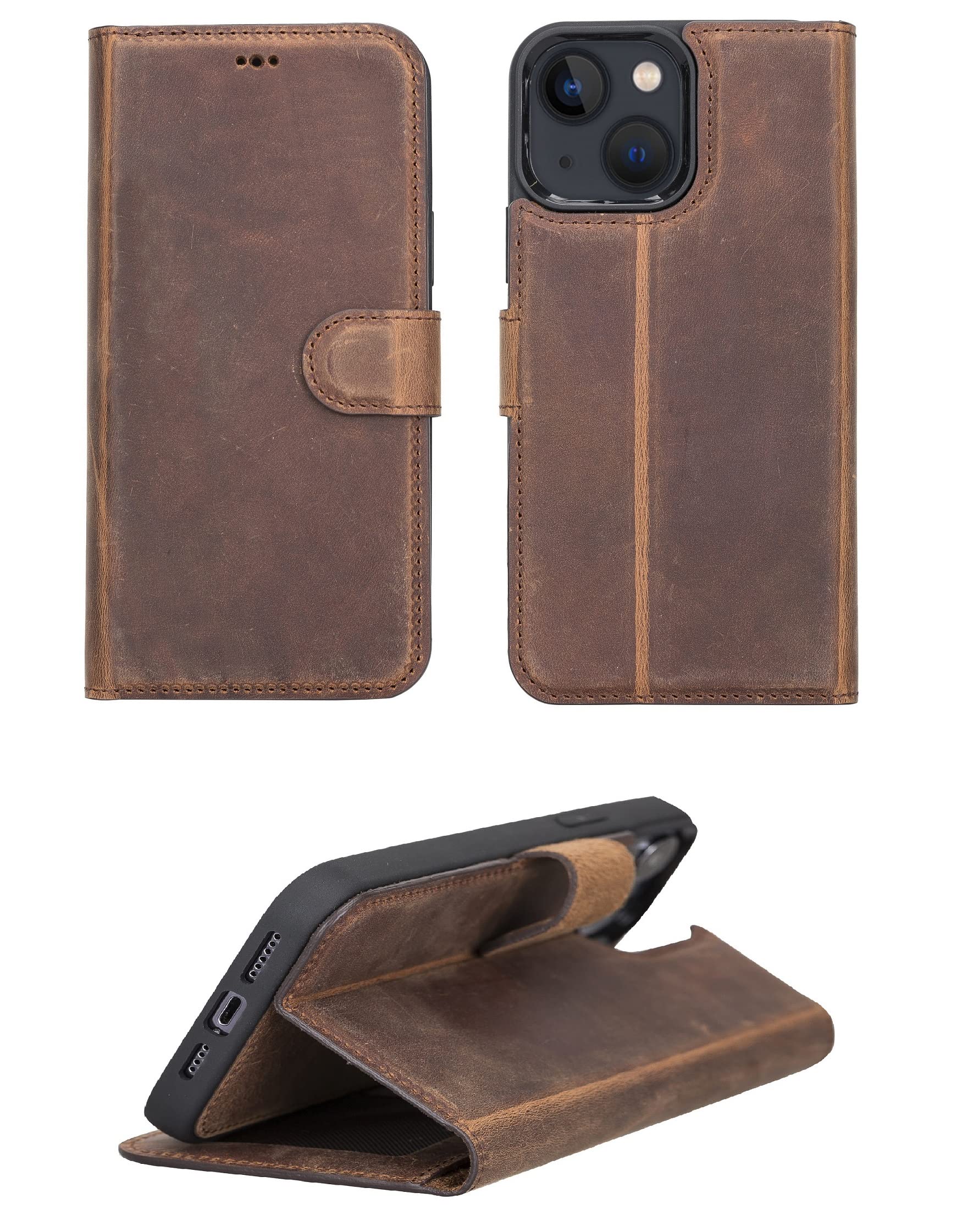 Vintage Brown Genuine Leather iPhone 14 Pro MAX Wallet Case with 4 Card Slots & Kickstand - RFID Protected, Wireless Charging Compatible - Handmade for Men & Women (Also Fits iPhone 14/13/12) - Perfect for Daily Commute, Business Meetings & Travel