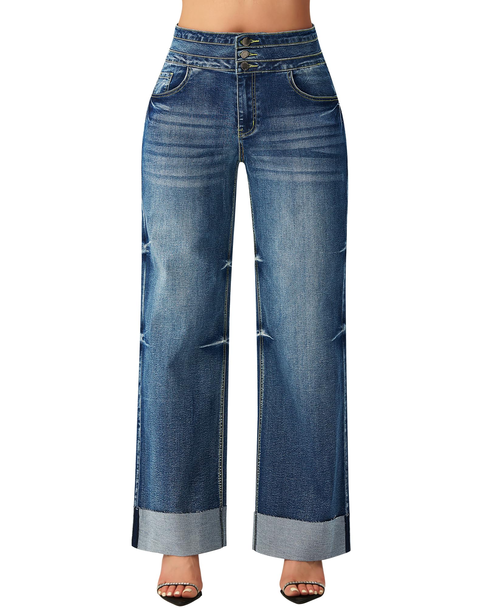 Roswear Women's High Waisted Stretchy Wide Leg Jeans - Cuffed Baggy Denim Pants with Comfortable Elastic Waistband | Perfect for Casual Wear, Street Style & Everyday Outfits