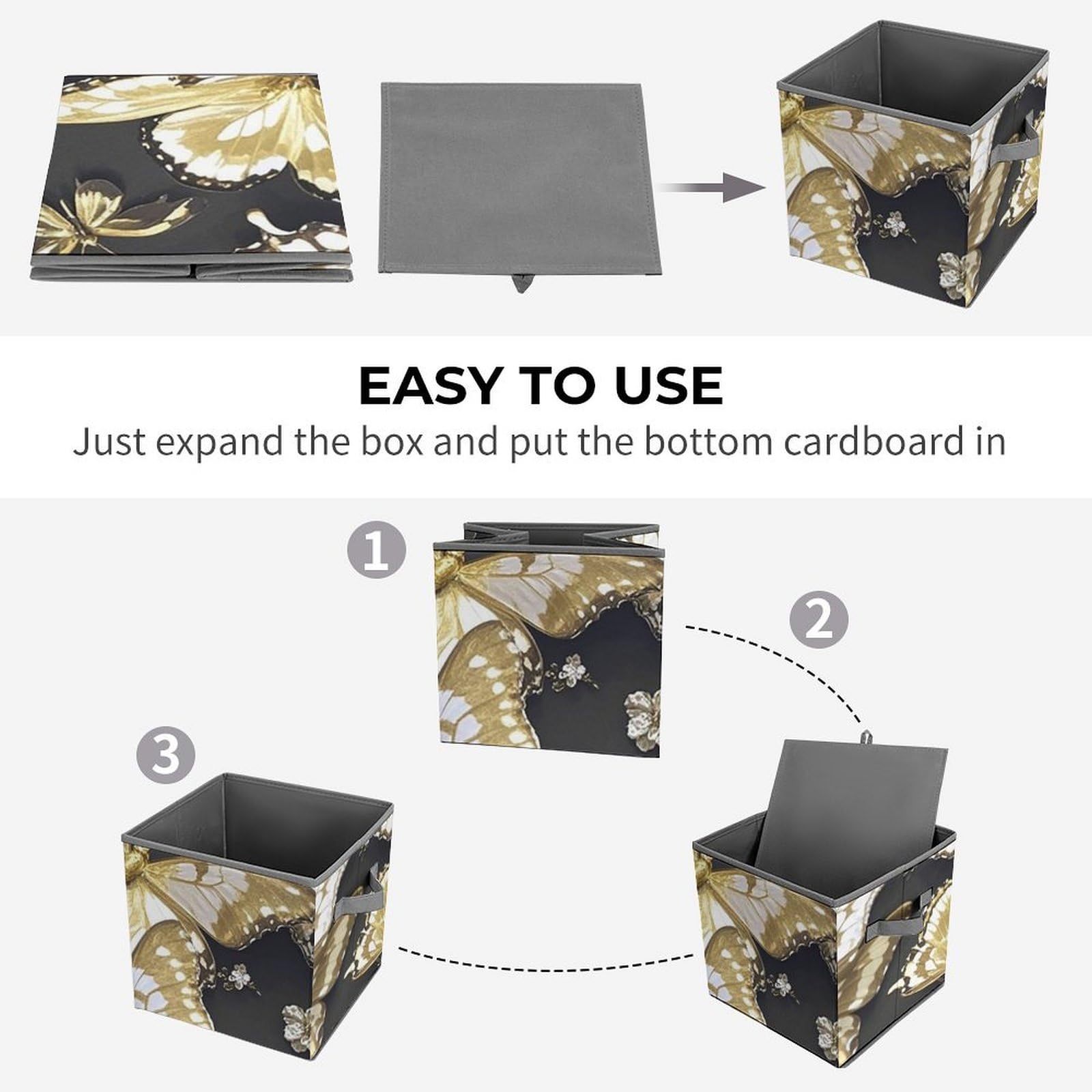 Gold & White Butterfly Pattern Collapsible Storage Bins - Large Capacity 10.6