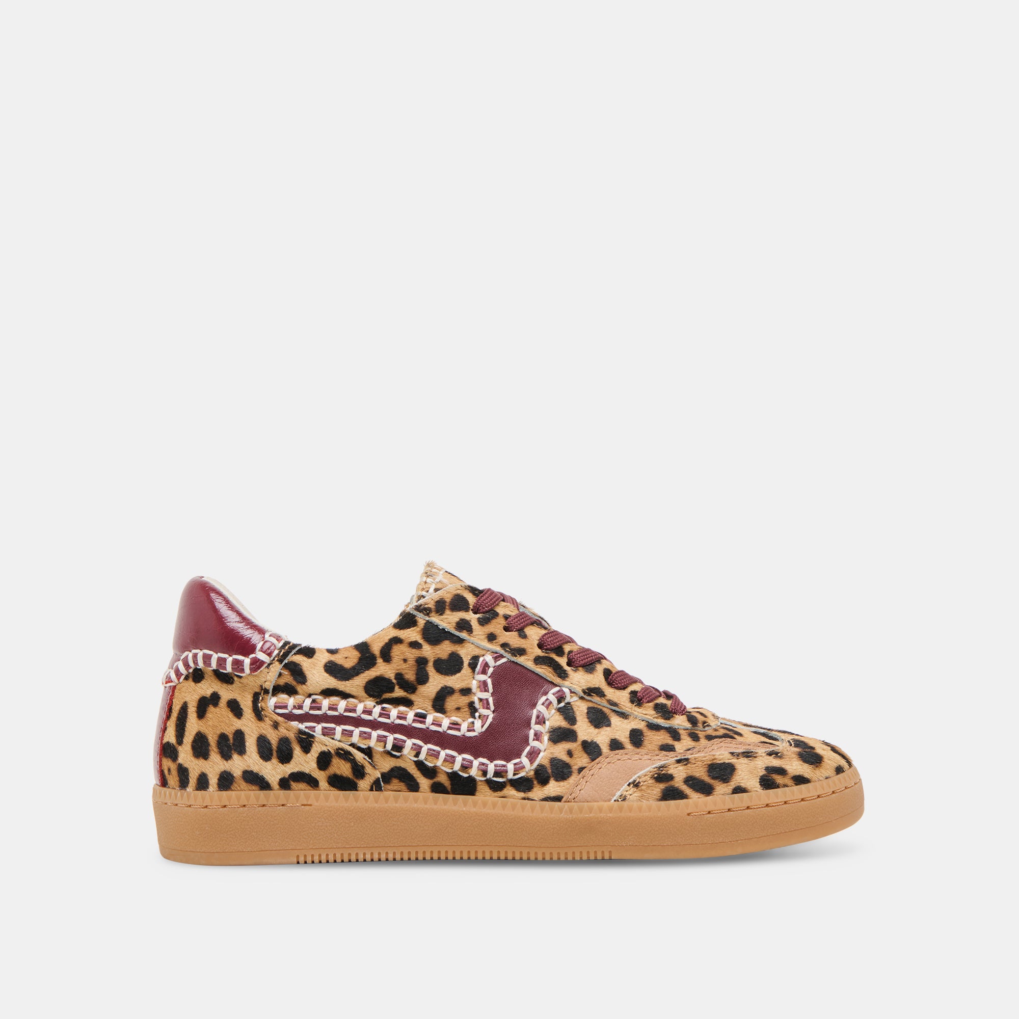 Stylish Burgundy Leopard Print Calf Hair Sneakers - Fashionable Stitch Detailing for Women - Perfect for Casual Outings, Work, and Date Nights
