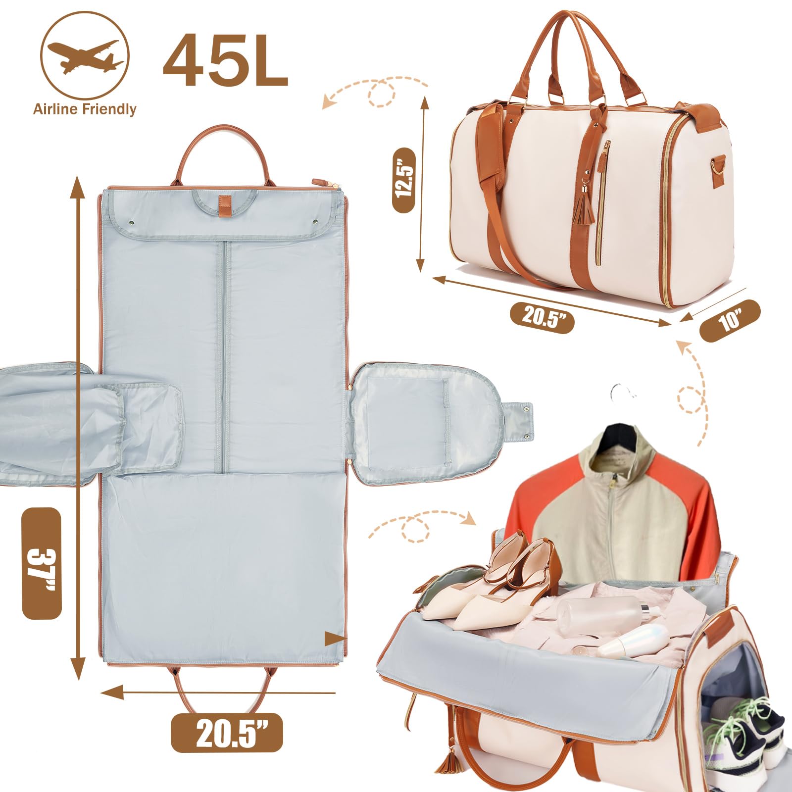 Convertible Carry On Garment Bag for Travel - 2-in-1 Hanging Duffle Bag with Shoe Compartment for Men & Women | Perfect for Business Trips, Weddings & Airplane Travel