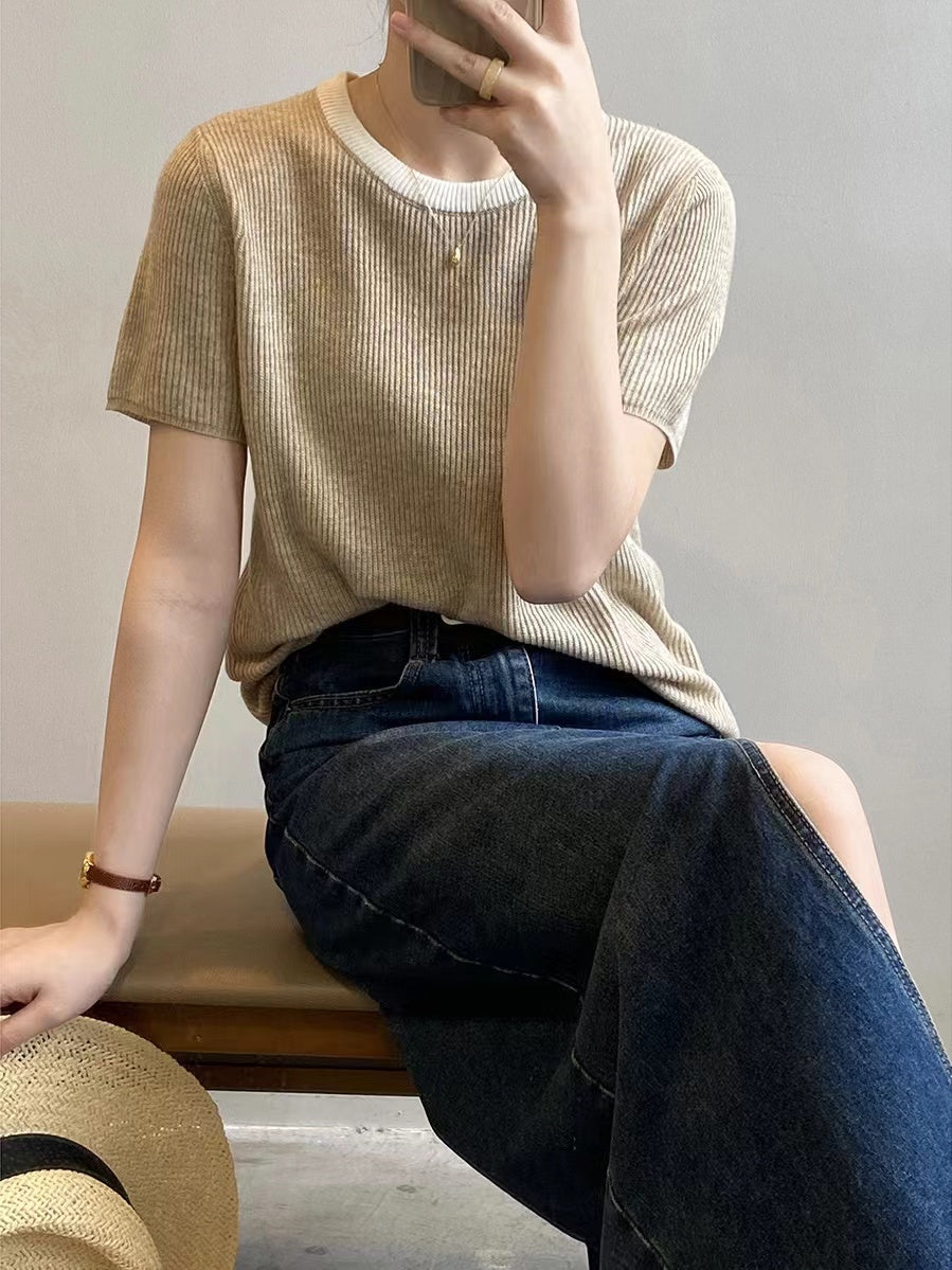 Lovevop Contrast Color Crew Neck Knitted T-Shirt for Women - Soft Cotton Casual Tee for Everyday Wear, Outfits & Layering