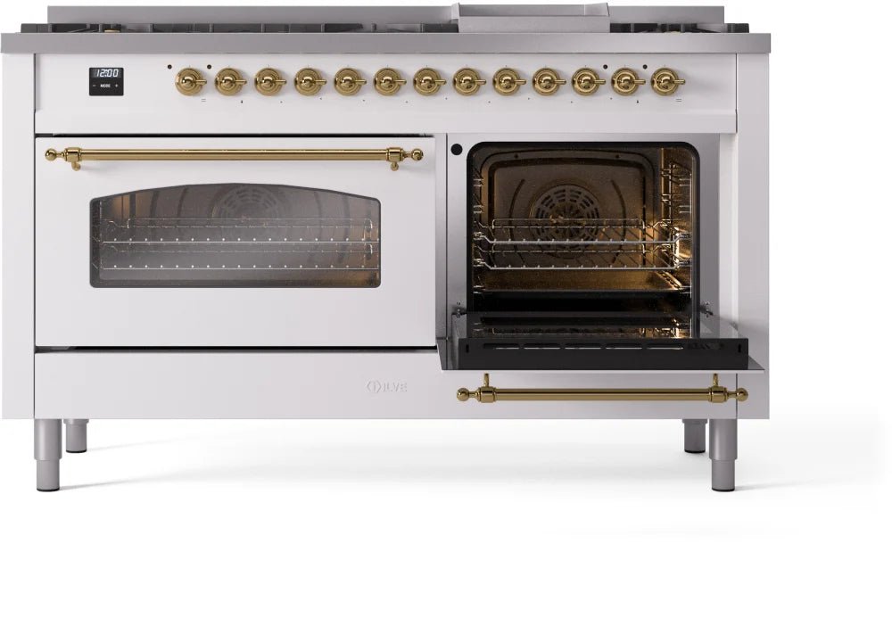 ILVE Nostalgie II 60-Inch Dual Fuel Natural Gas Range - White with Brass Trim (UP60FNMPWHG) | Professional Kitchen Appliance for Home Chefs & Cooking Enthusiasts