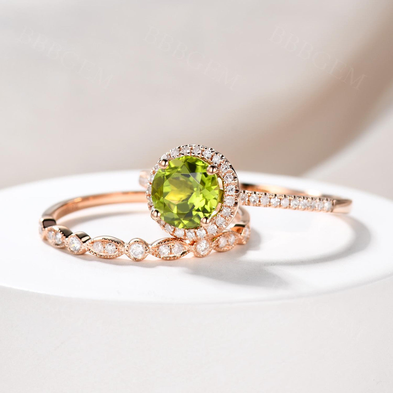 7mm Round Cut Peridot Engagement Ring Set with Diamond Wedding Band in 14K Yellow Gold - Perfect for Bridal Jewelry, Anniversary Gifts & Special Occasions