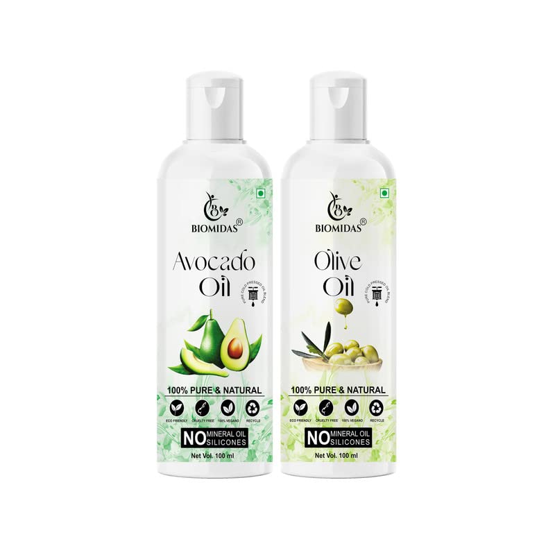 Biomidas 100% Pure Avocado Oil & Olive Oil Combo (100ML Each) - Promotes Rapid Hair Growth, Reduces Hair Fall, Repairs Split Ends for Softer & Shinier Hair - Perfect for Daily Hair Care & Scalp Treatment (Pack of 2)