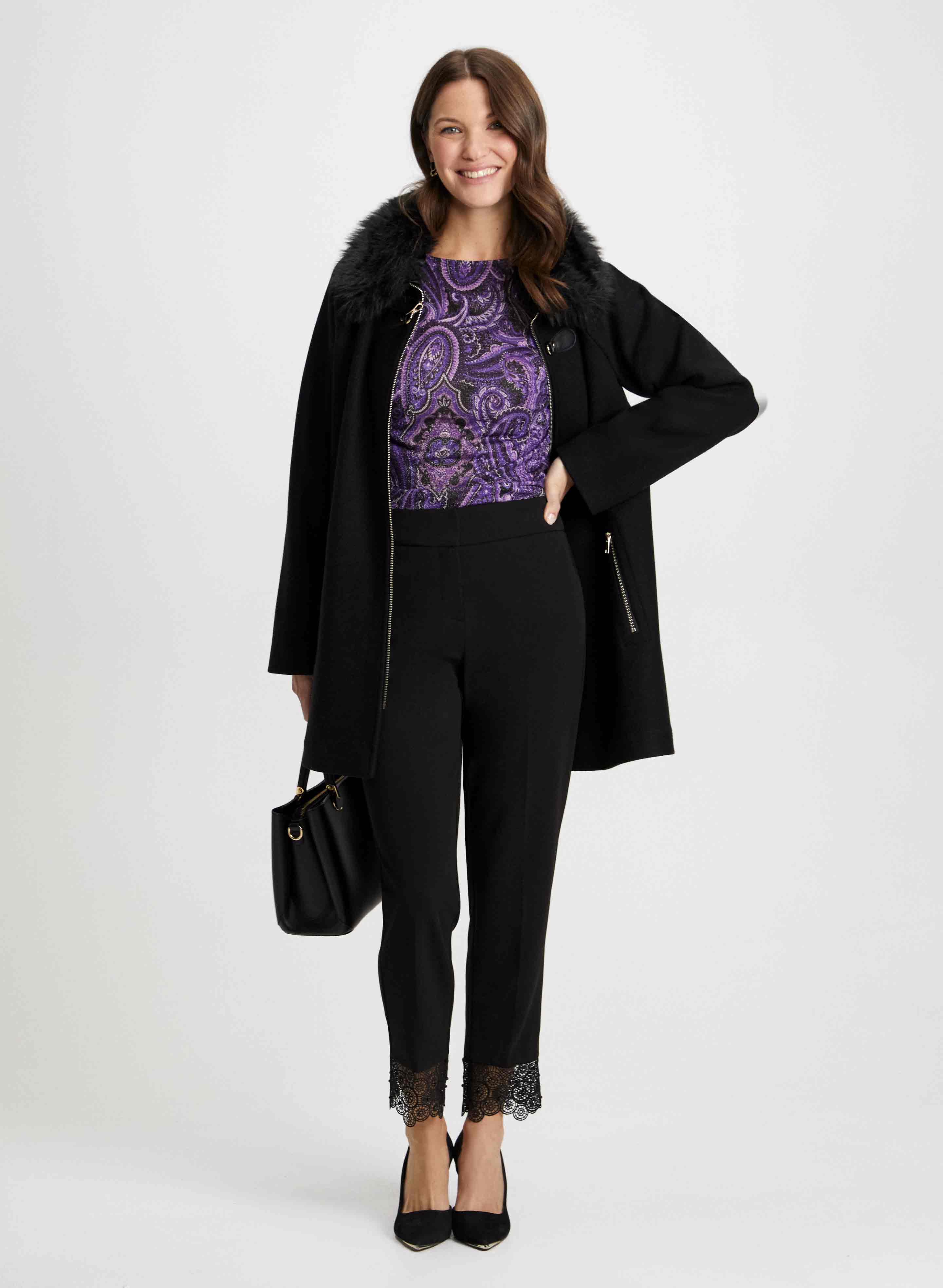 Stylish Faux Fur Collar Winter Coat & Elegant Paisley Print Blouse - Perfect for Office Wear and Evening Outfits