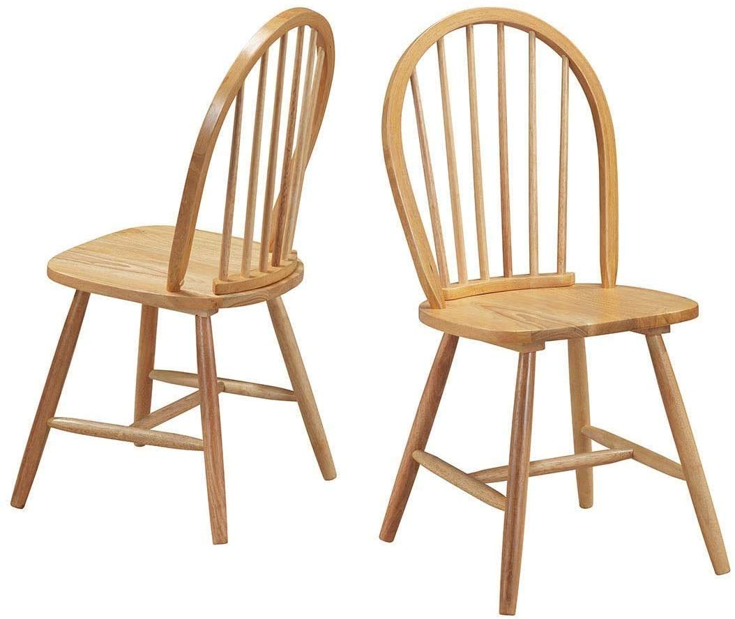 Vintage Wooden Dining Chairs Set of 2 - Natural Windsor Armless Kitchen Chairs with Backrest for Farmhouse, Cottage & Restaurant Dining Room Decor