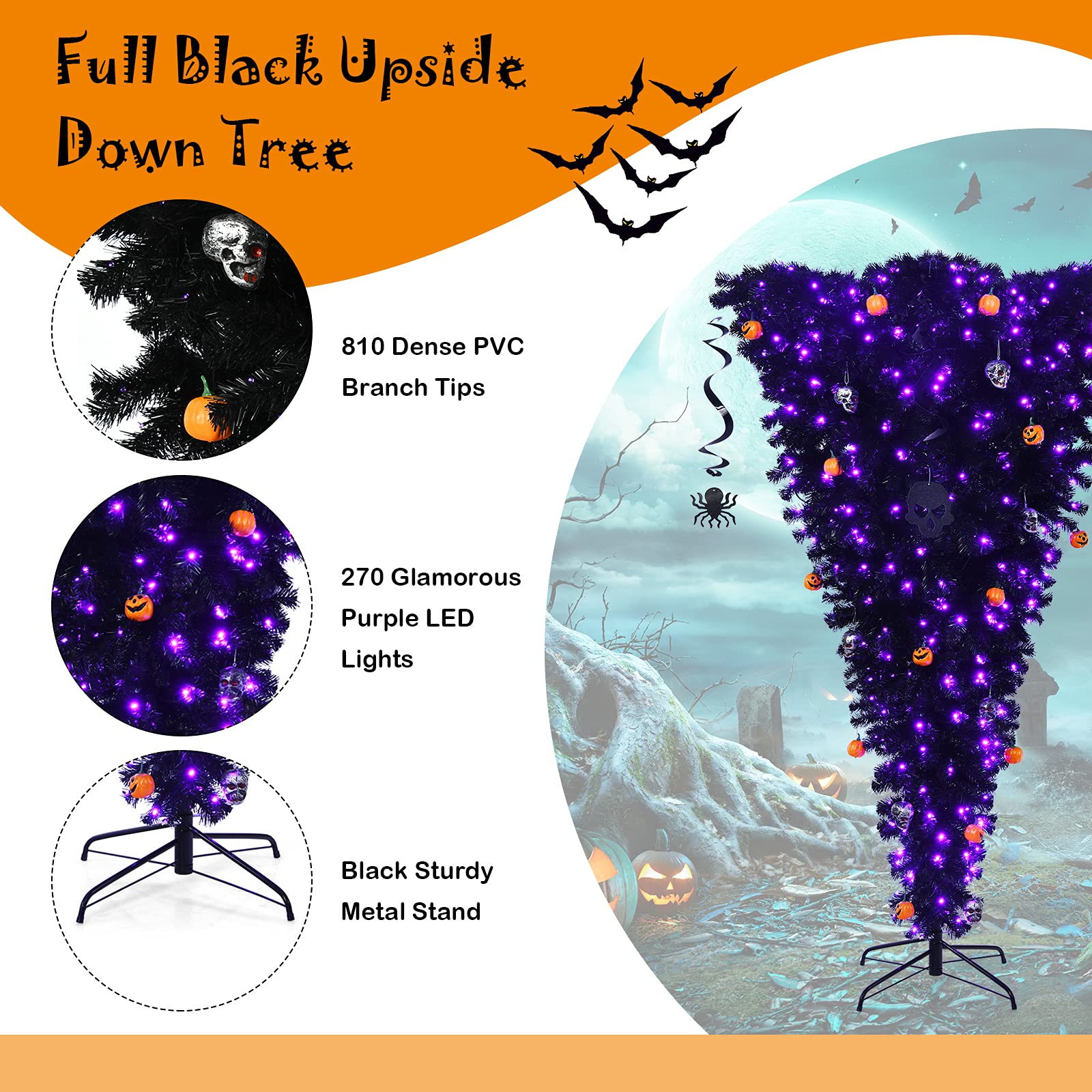 Goplus 6ft Pre-lit Upside Down Christmas Tree with 270 Purple LED Lights - Artificial Black Halloween Tree with Hinged Branches & Decorations - Unique Inverted Xmas Pine Tree for Holiday, Carnival, Party, Home & Office Decor
