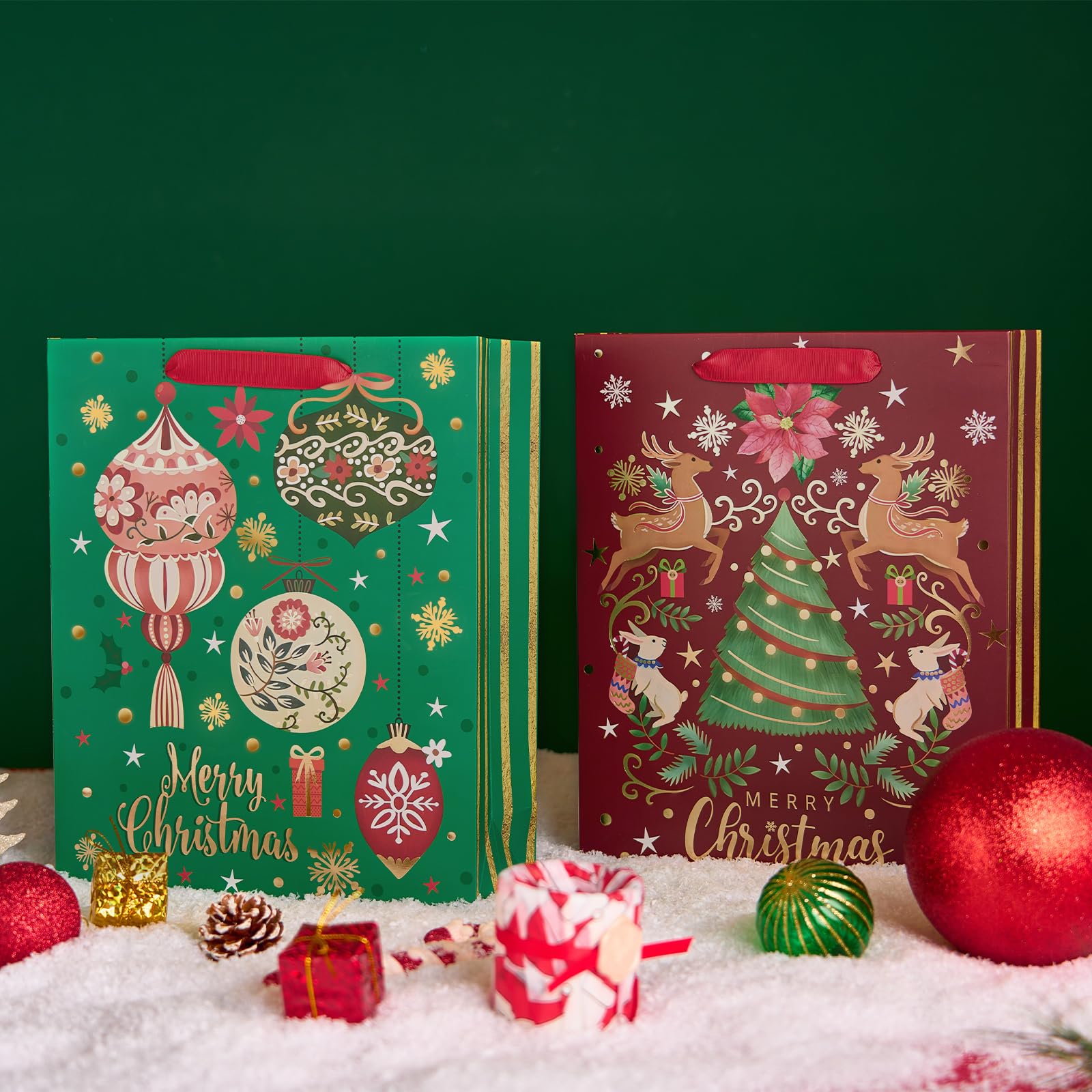 12Pcs Red Green Metallic Gold Christmas Gift Bags Bulk - Large 12.5x10.5 Inch Holiday Gift Wrap Bags with Gilded Xmas Tree, Gingerbread & Reindeer Designs - Foiled Mistletoe Favor Bags for Christmas, New Year, Office Parties & Holiday Gift Exchanges