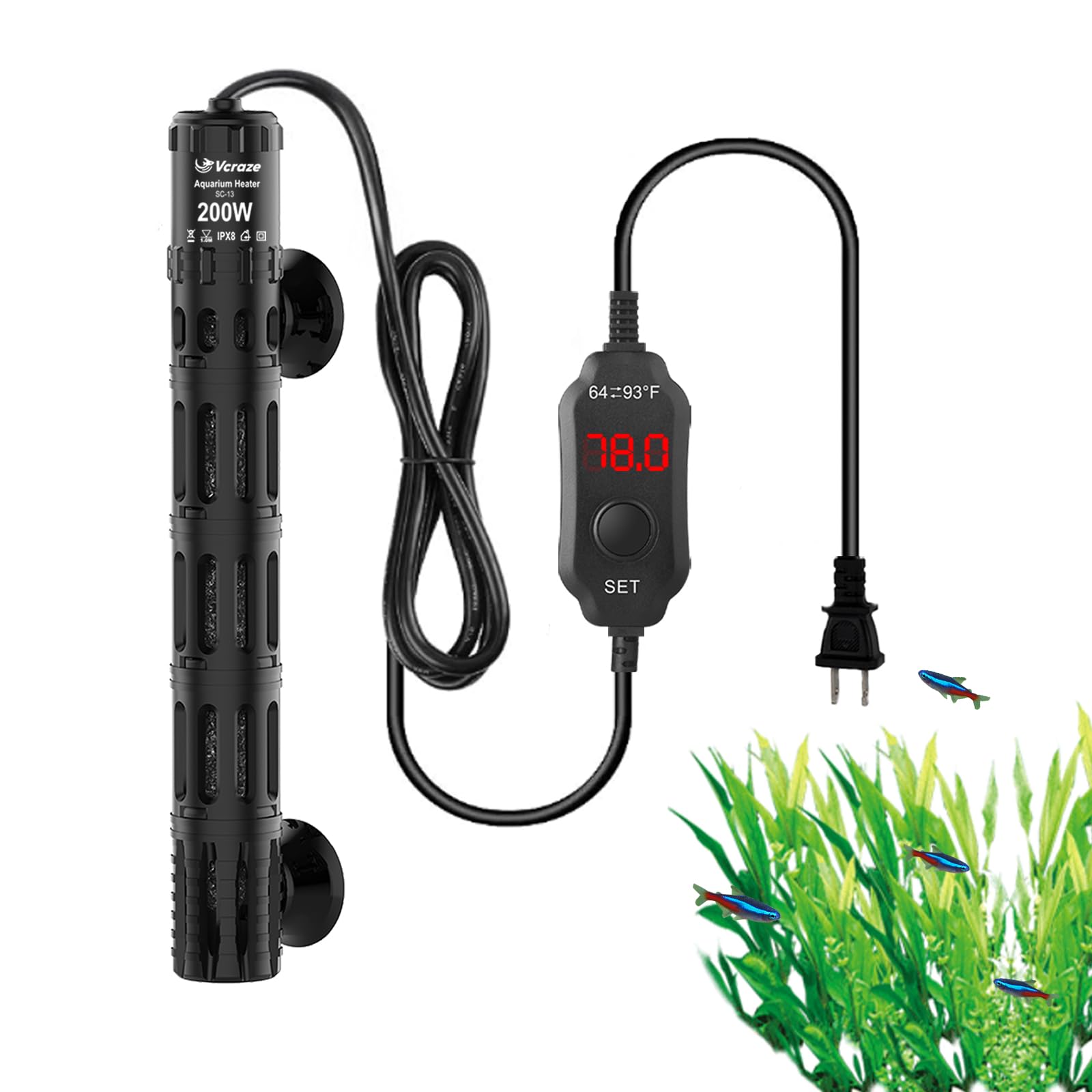 200W Submersible Aquarium Heater with LED Digital Display Thermostat & Protective Housing - Adjustable Fish Tank Heater for 20-40 Gallon Tanks - Perfect for Tropical Fish, Saltwater & Freshwater Aquariums