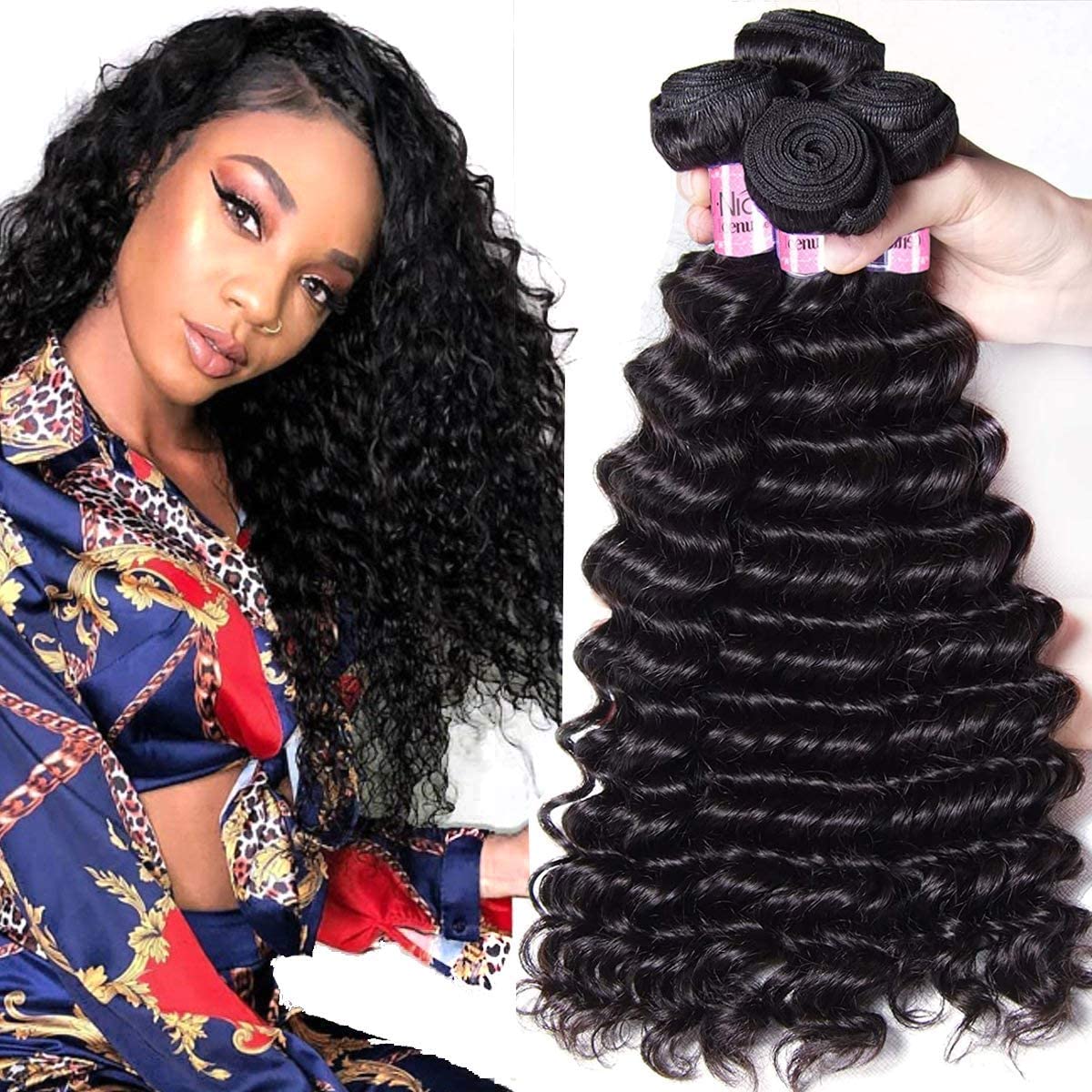 UNice 10A Brazilian Deep Wave Human Hair Bundles - 3 Pcs Unprocessed Virgin Raw Hair Extensions in Natural Color (16 18 20 Inch) | Perfect for Weaving, Ponytails & Special Occasion Hairstyles
