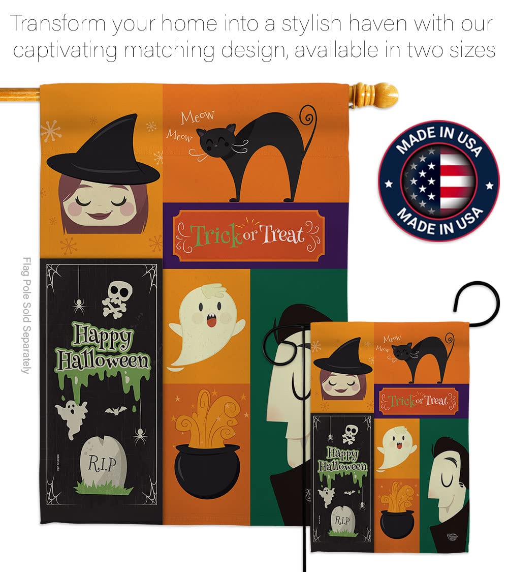 Halloween Trick or Treat Garden Flag Set with Stand - Spooky Witch & Black Cat Decor for Yard