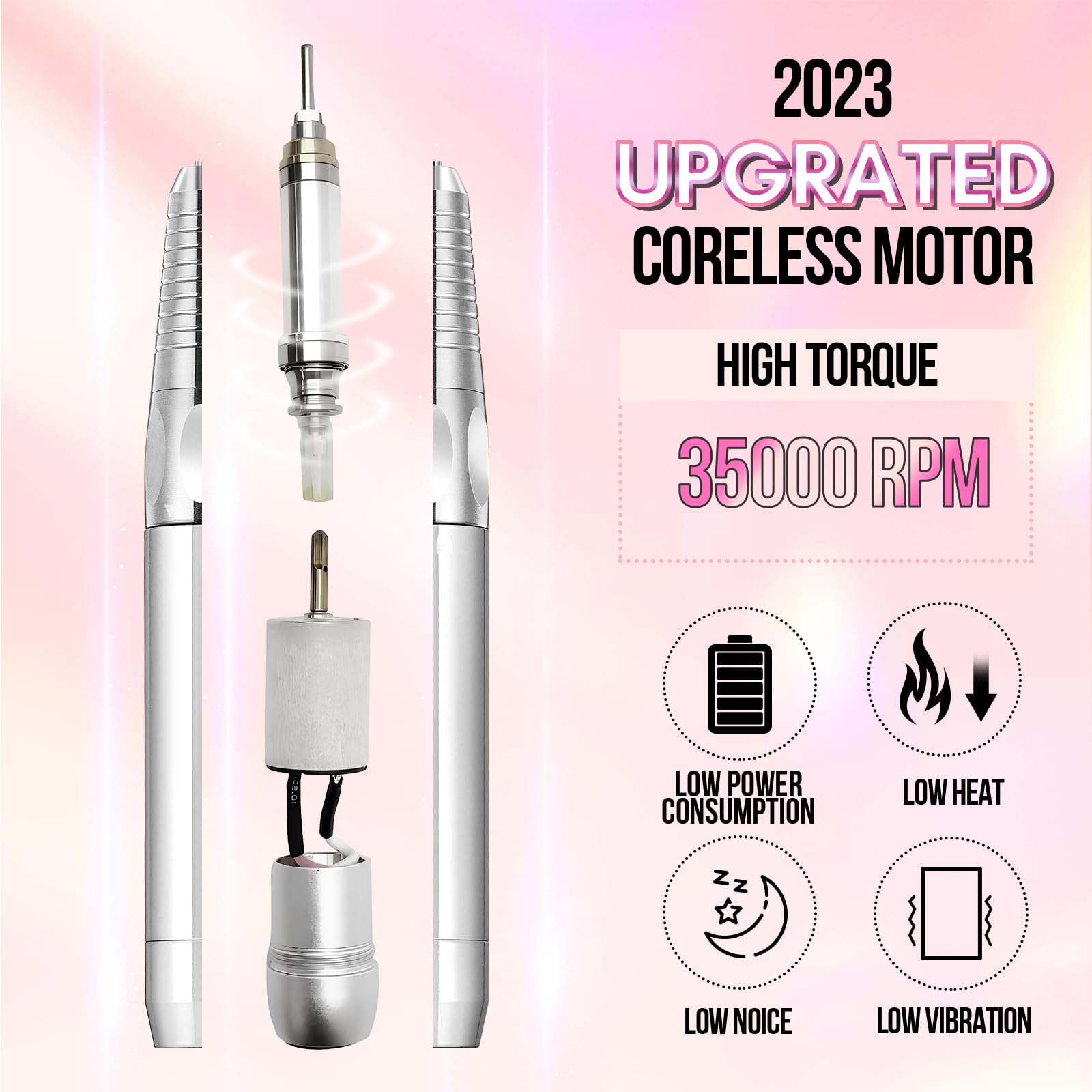 Makartt Professional Nail Drill - 35000RPM Rechargeable Electric Nail File with Coreless Motor & 6 Drill Bits Set for Acrylic & Gel Nail Removal | Perfect for Salon, Home Manicure & DIY Nail Art (Pink)
