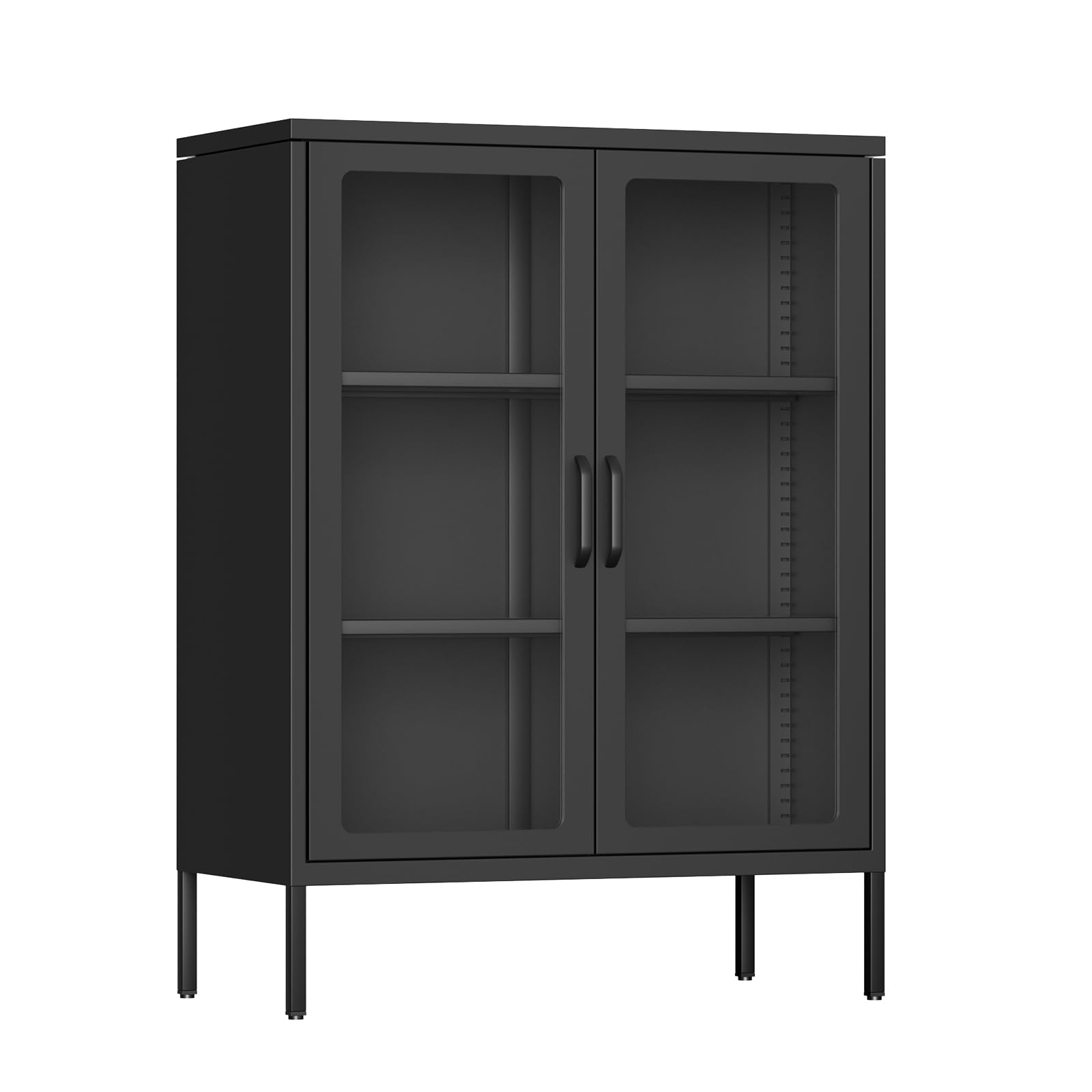 Betterland Black Metal Storage Cabinet with 2 Glass Doors & 2 Shelves - Lockable Curio Display Cabinet for Home, Pantry, Kitchen | Perfect for Showcasing Collectibles, Storing Spices & Organizing Kitchen Supplies