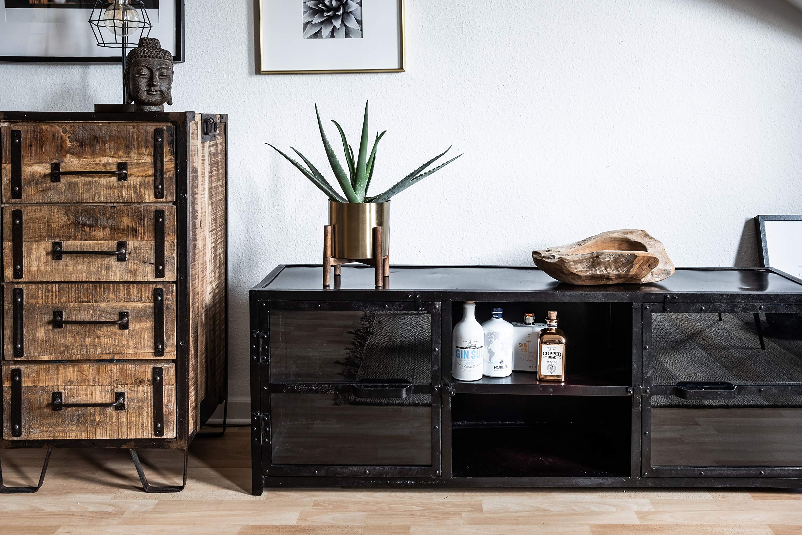 Kimisty Set of 2 Gold Planters with Stand - 7 Inch Large Brass Plated Metal Pots with Wooden Base | Mid-Century Modern Flower Pots for Living Room Decor | Perfect for Orchids, Aloe Vera & Cactus Plants | Indoor Home & Office Plant Decor