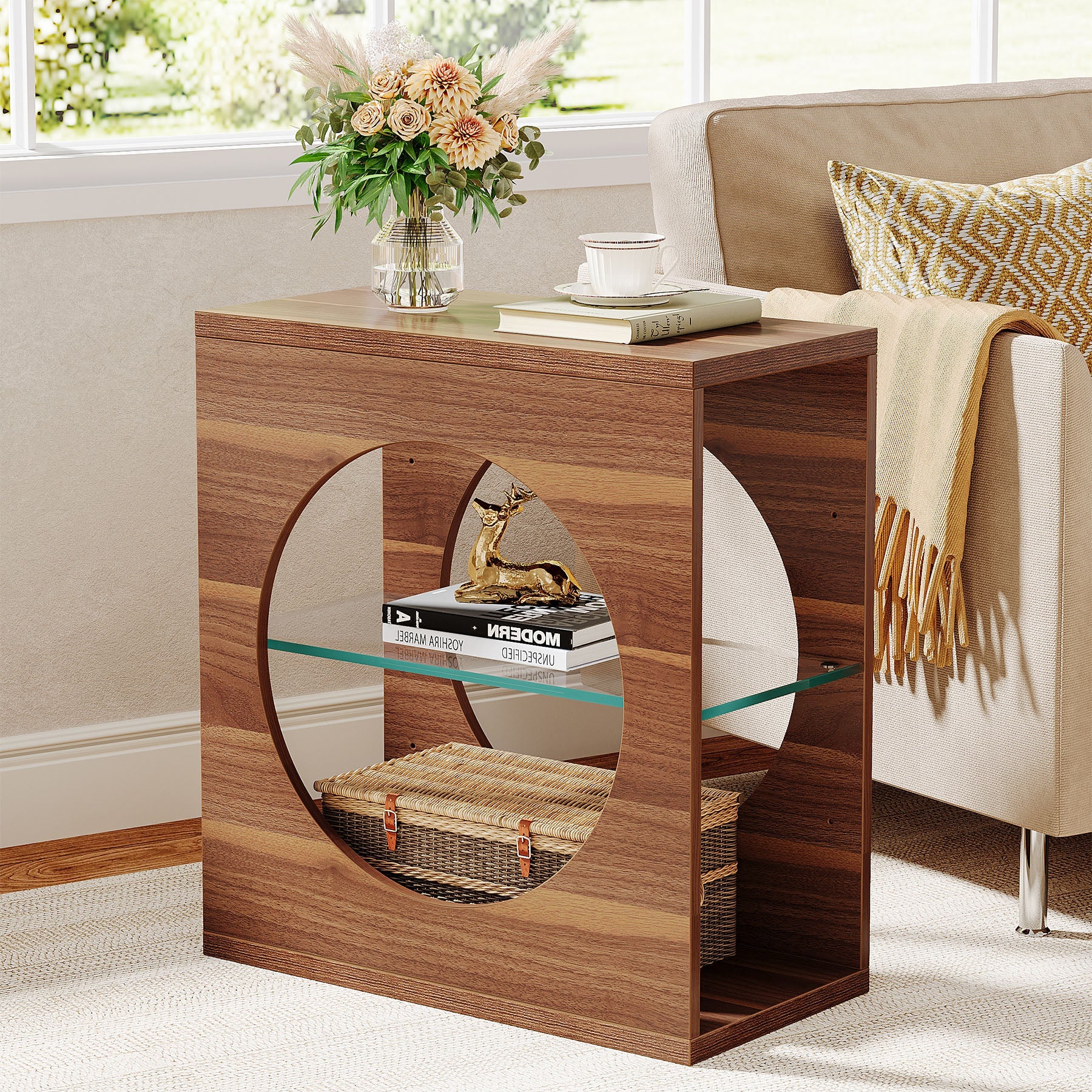 Modern 3-Tier End Table with Adjustable Glass Storage Shelf - Stylish Side Table for Living Room, Bedroom & Office Organization