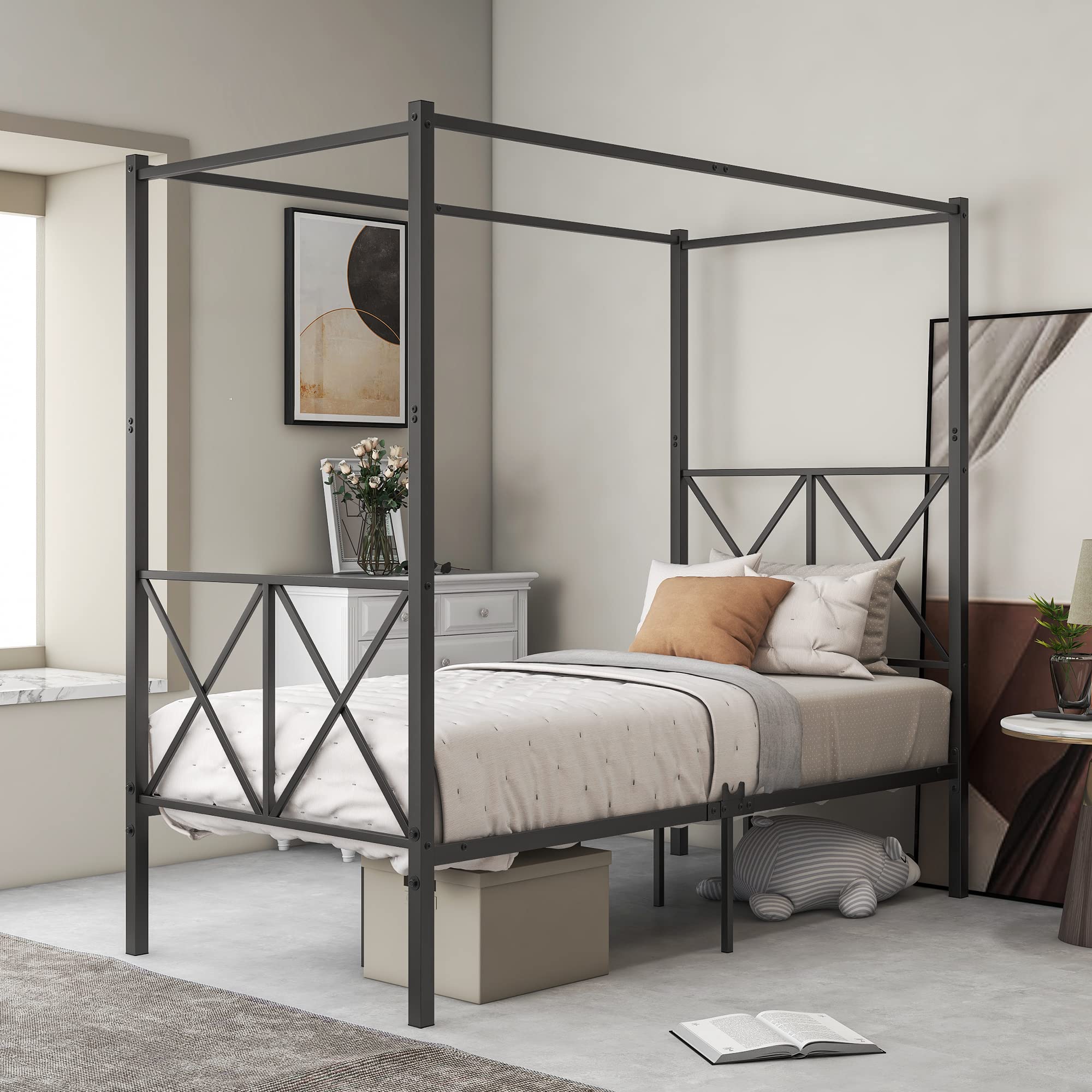 **Metal Canopy Bed Frame - No Box Spring Needed, X-Shaped Support, Black Twin Size - Perfect for Kids' Rooms, Guest Bedrooms & Cozy Dorm Spaces**