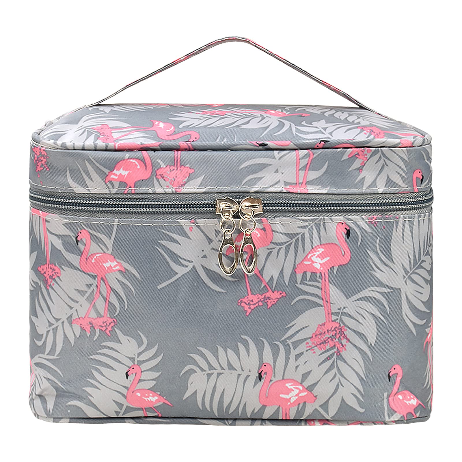 Waterproof Large Toiletry Bag for Women & Teen Girls - Double Zipper Travel Makeup Organizer with Handle, Flamingo Cosmetic Storage Wash Bag (Grey) - Perfect for Travel, Gym, Camping & Daily Use