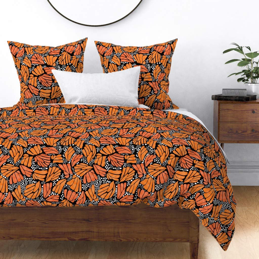 Orange Monarch Butterfly Black Polka Dots Cotton Sateen Duvet Cover - Full/Queen Size | Abstract Summer Nursery Decor | Custom Printed Bedding Set for Kids Room & Guest Bedroom