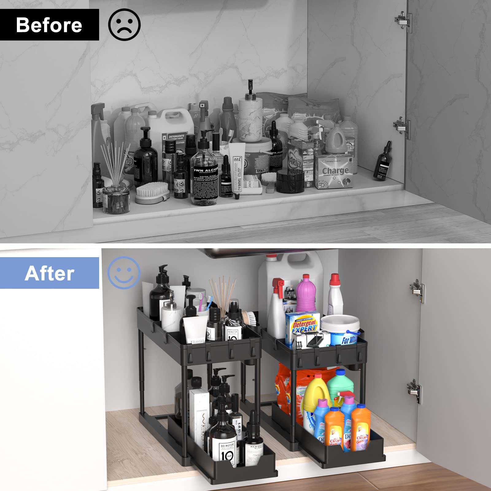 2-Tier Under Sink Organizer with Adjustable Height - Black Bathroom & Kitchen Storage Cabinet with 4 Removable Dividers, 4 Hooks & Cup - Perfect for Maximizing Under-Sink Space in Bathrooms, Kitchens & Laundry Rooms