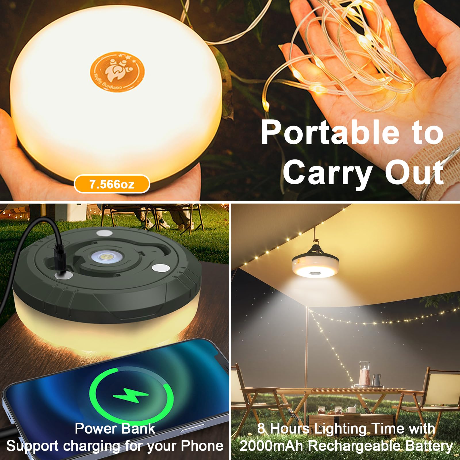33ft Waterproof Outdoor String Lights - USB Rechargeable RGB & Warm White LED Camping Lights for Tents, Hiking, Backyard, Patio & Travel | IP44 Rated, Quick Storage Portable Lantern