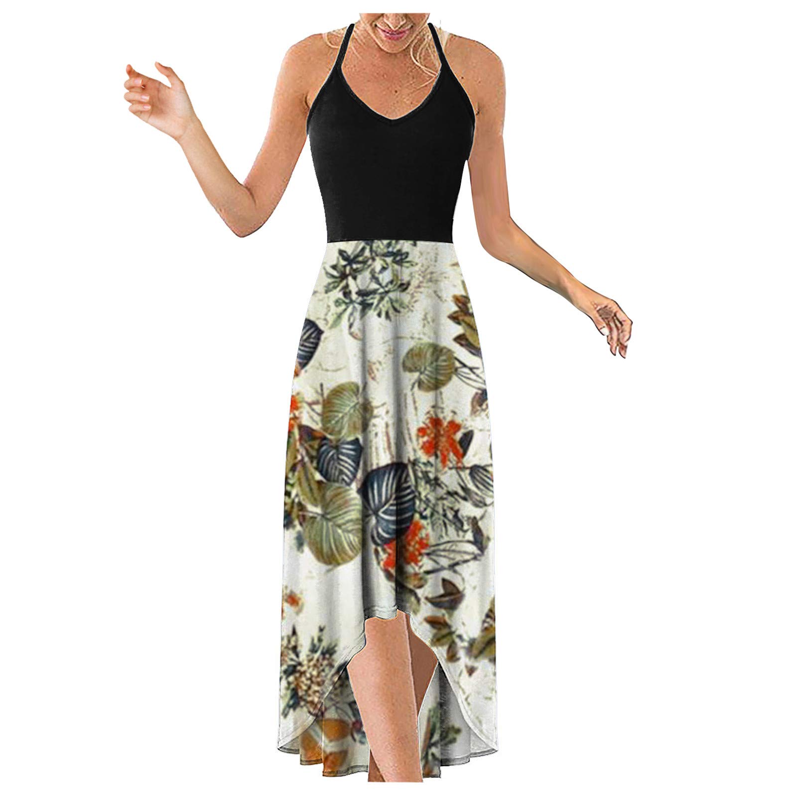 Women's Floral Maxi Dress - O Neck Sleeveless Casual Summer Sundress for Beach, Vacation & Outdoor Activities
