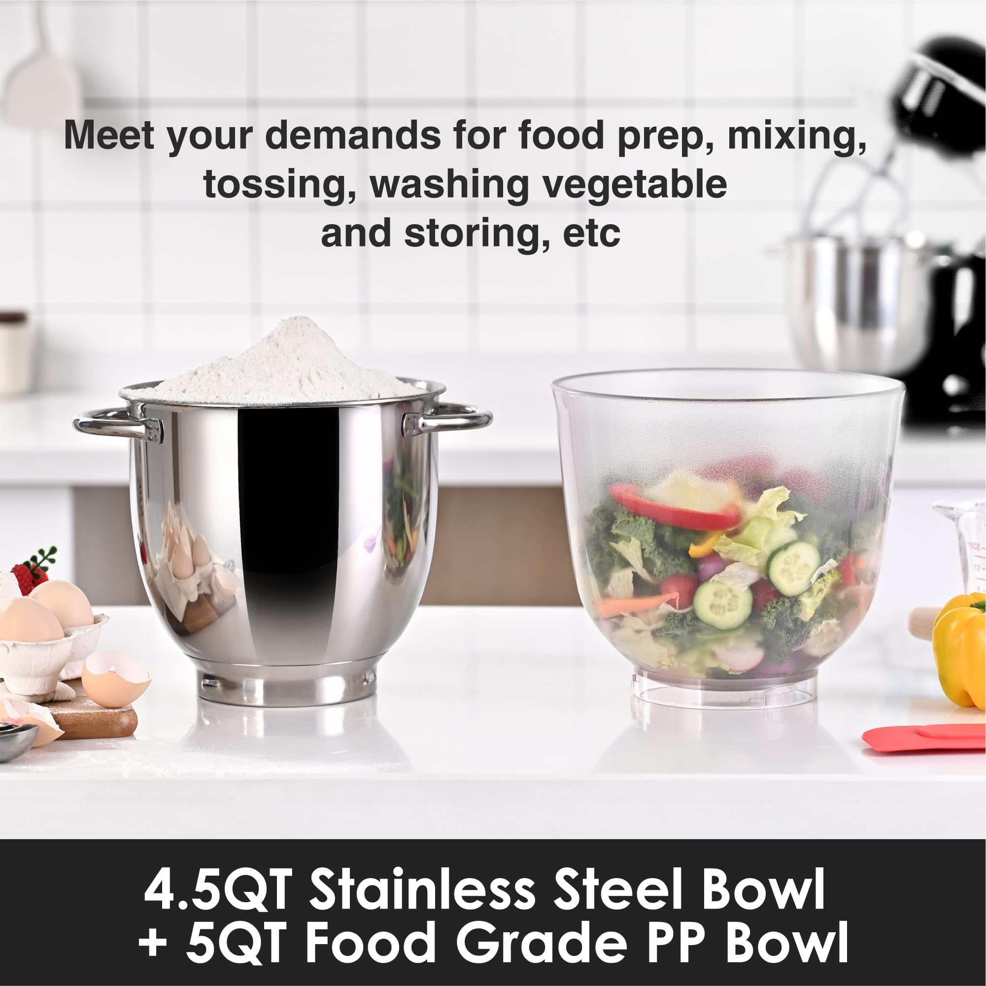 4.5QT+5QT Stand Mixer with 10 Speeds - Electric Food Mixer with Egg Whisk, Dough Hook & Flat Beater - Kitchen Mixer for Baking, Cooking & Daily Use (Black) - Perfect for Home Bakers & Cooking Enthusiasts