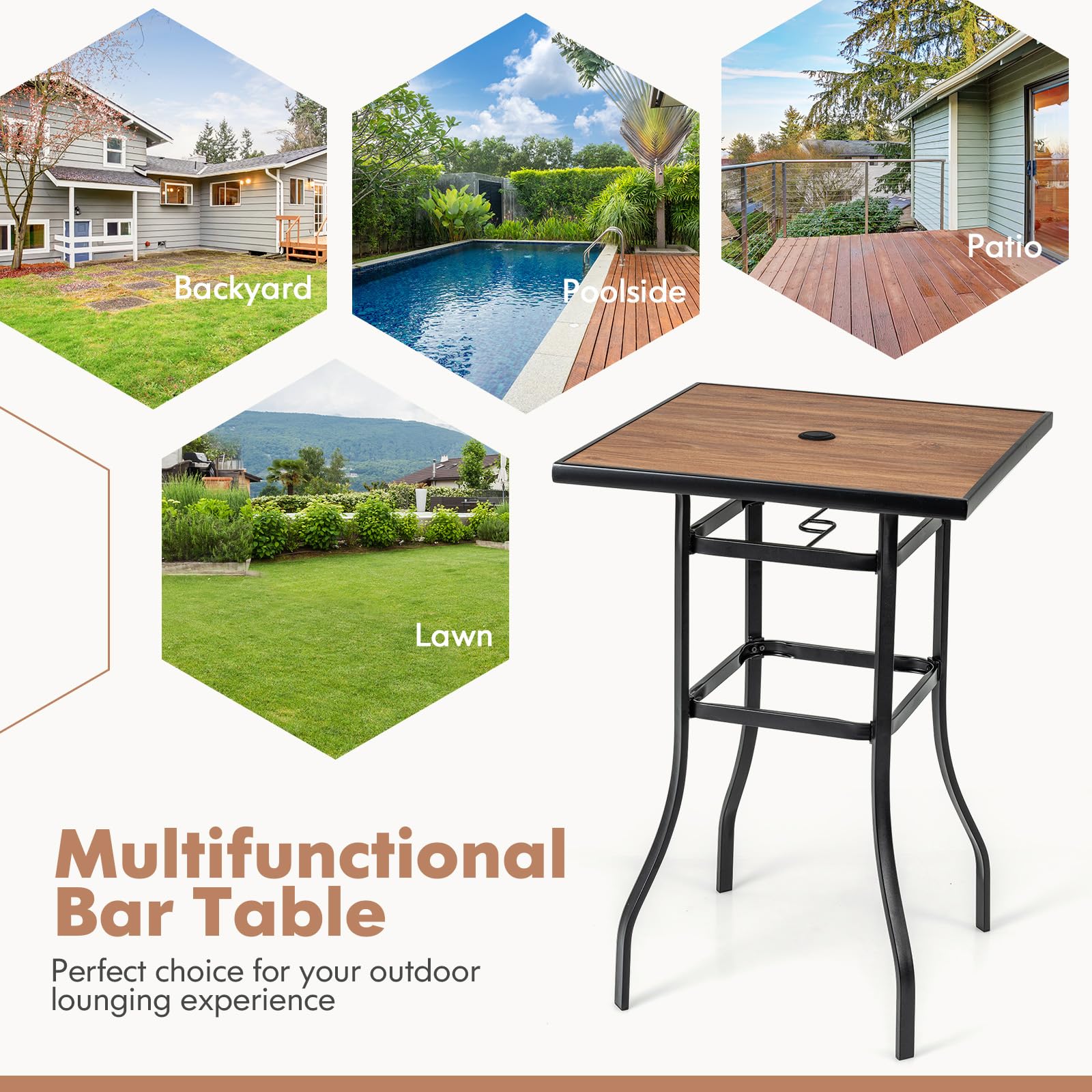 Tangkula 27.5 Inch Outdoor Bar Table - Square Patio High Top Table with 1.5