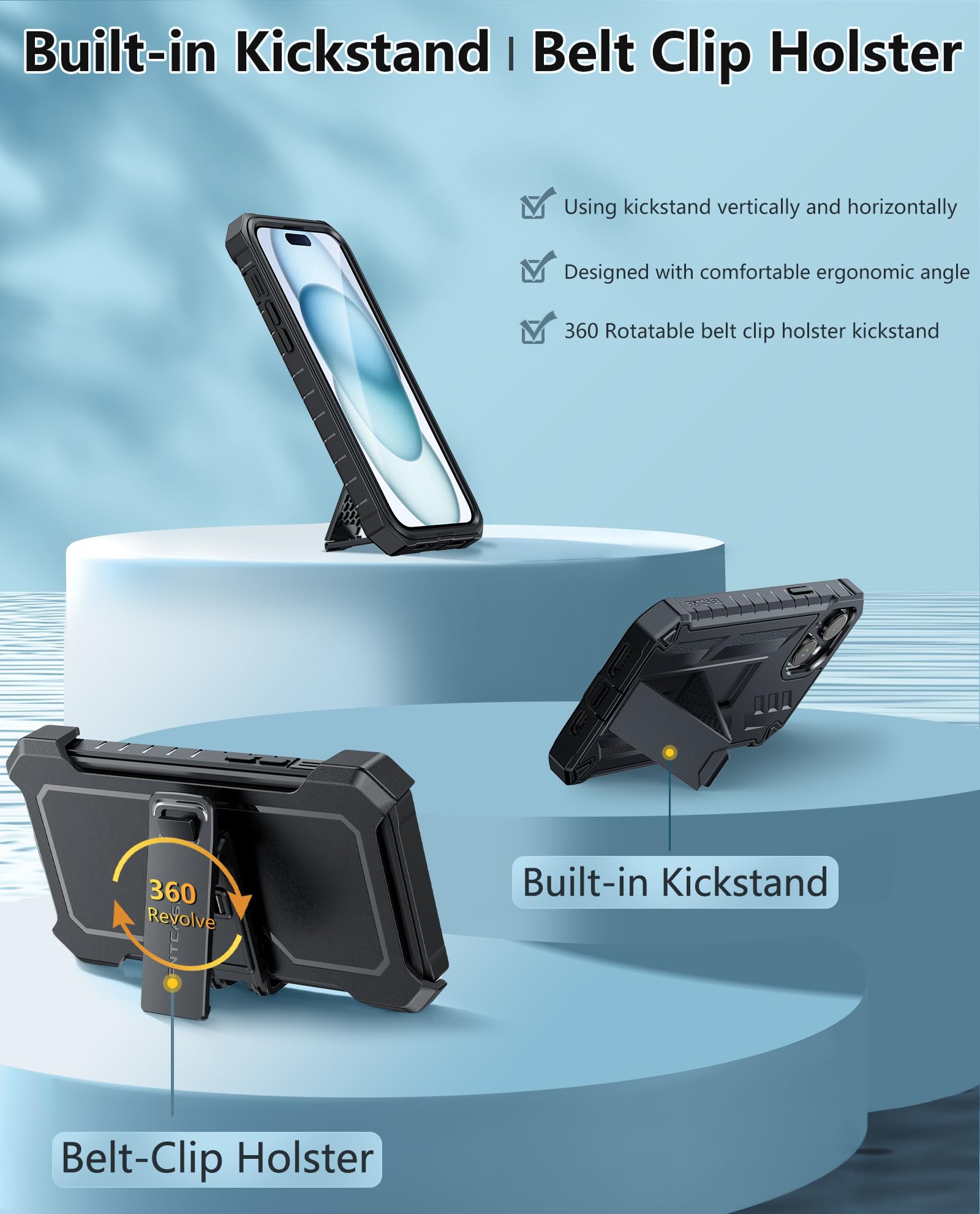 FNTCASE Rugged Military Grade iPhone 15 Plus Case with Belt Clip Holster & Kickstand - Shockproof Matte TPU Protective Cover for 6.7