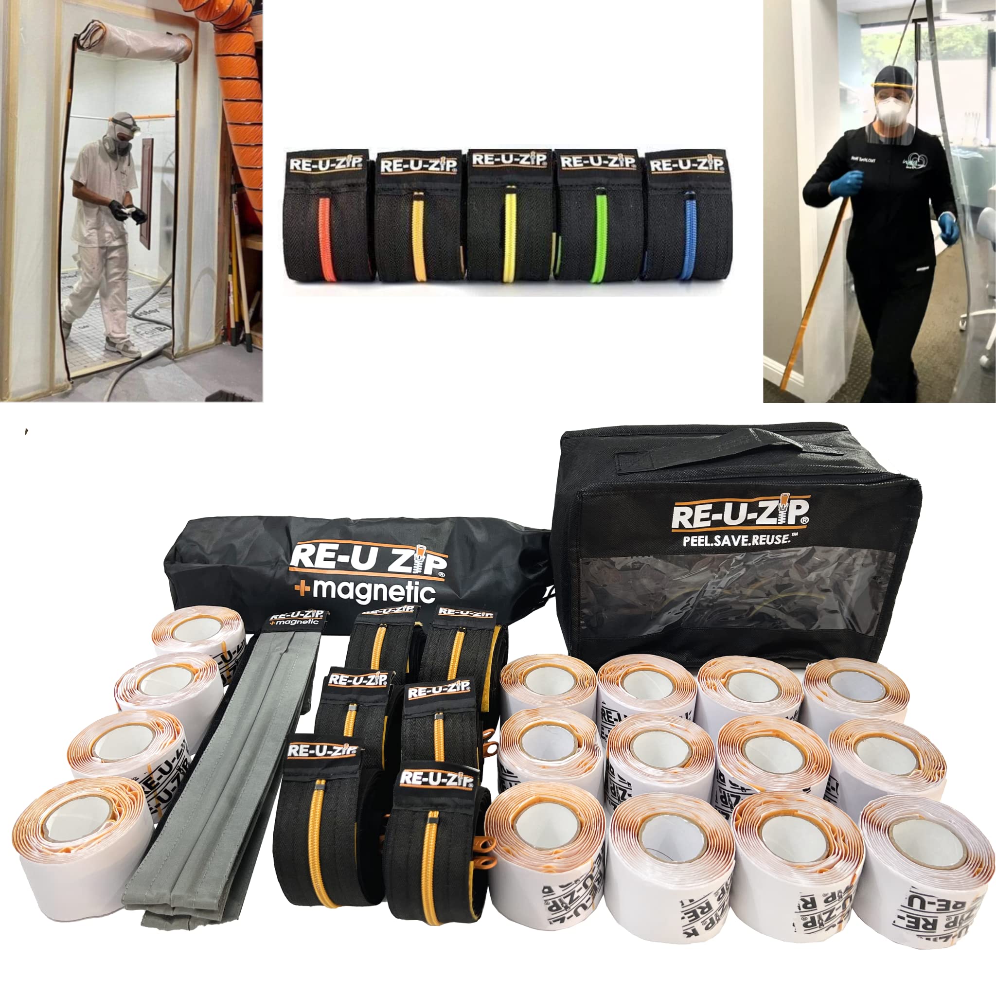 RE-U-ZIP® Reusable Dust Barrier Entry System Pro Bundle - 1 Magnetic Self-Closing Strip + 6 Orange Zippers + 16 Mounting Refills + 2 Carry Cases + 12 Zip Ties | Dust Control for Construction, Renovation & Home Improvement Projects