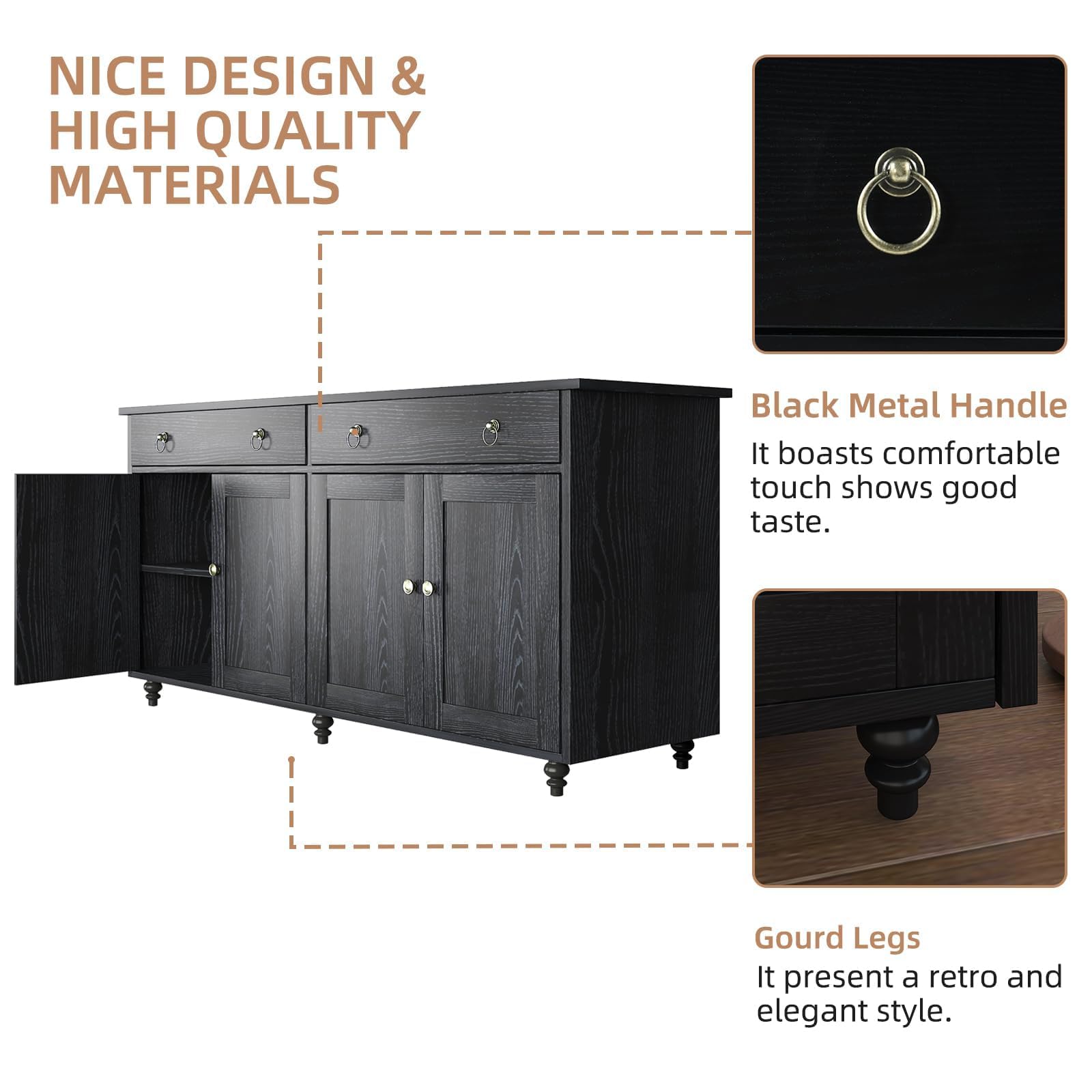 4 EVER WINNER 55'' Black Buffet Cabinet with Storage - Coffee Bar Sideboard with Drawers, Doors & Adjustable Shelves for Living Room | Perfect for Dining Room Storage, Home Bar Setup & Entertainment Center
