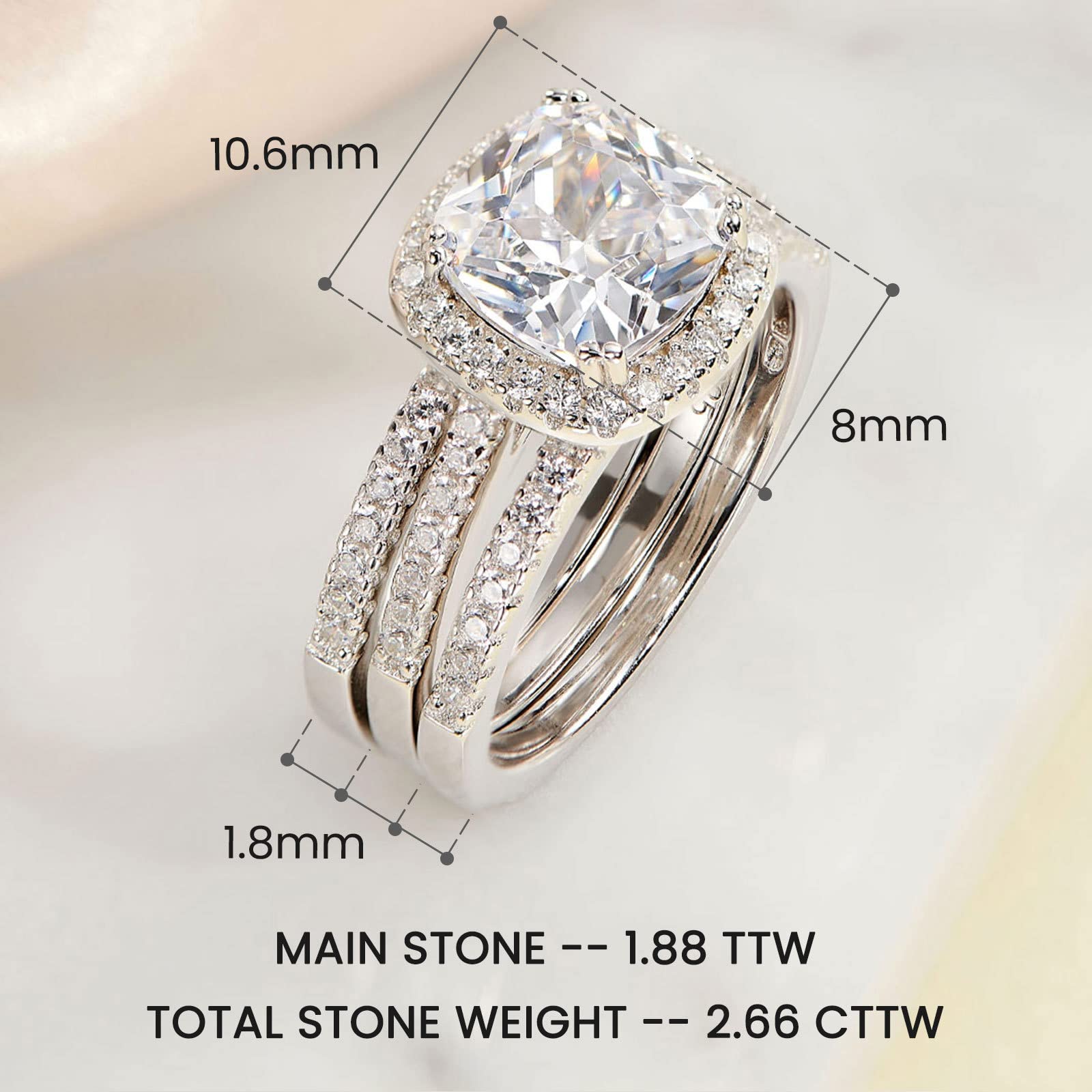 2.66CT Cushion Halo CZ Wedding Engagement Ring Set for Women - 925 Sterling Silver Bridal Promise Ring Enhancer - Size 4-12 - Perfect for Proposals, Anniversaries & Special Occasions