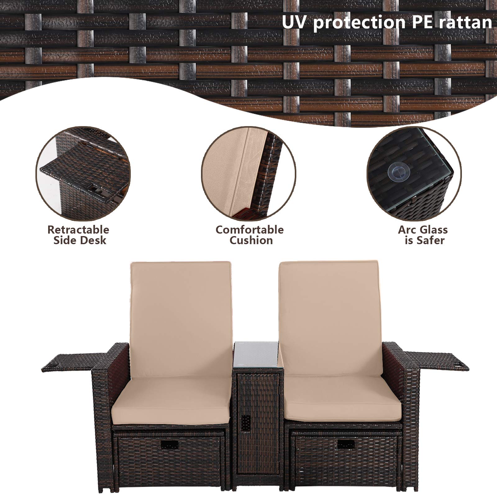 5PCS Outdoor Patio Furniture Set - Wicker Loveseat Sofa with Adjustable Backrest, Coffee Table & Ottoman - Rattan Lounge Chair for Garden, Beach, Poolside, Balcony, Backyard, Deck - Perfect for Relaxing, Entertaining & Outdoor Dining