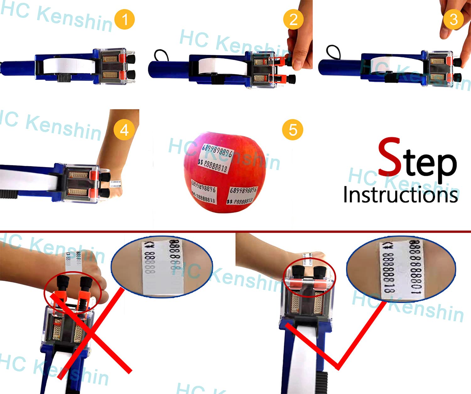 HC Kenshin MX6600 2-Line 20-Bit Price Label Gun - Sticker Maker Machine with 5 Label Rolls & 3 Red Ink Cartridges - Perfect for Retail, Warehouse, and Supermarket Pricing