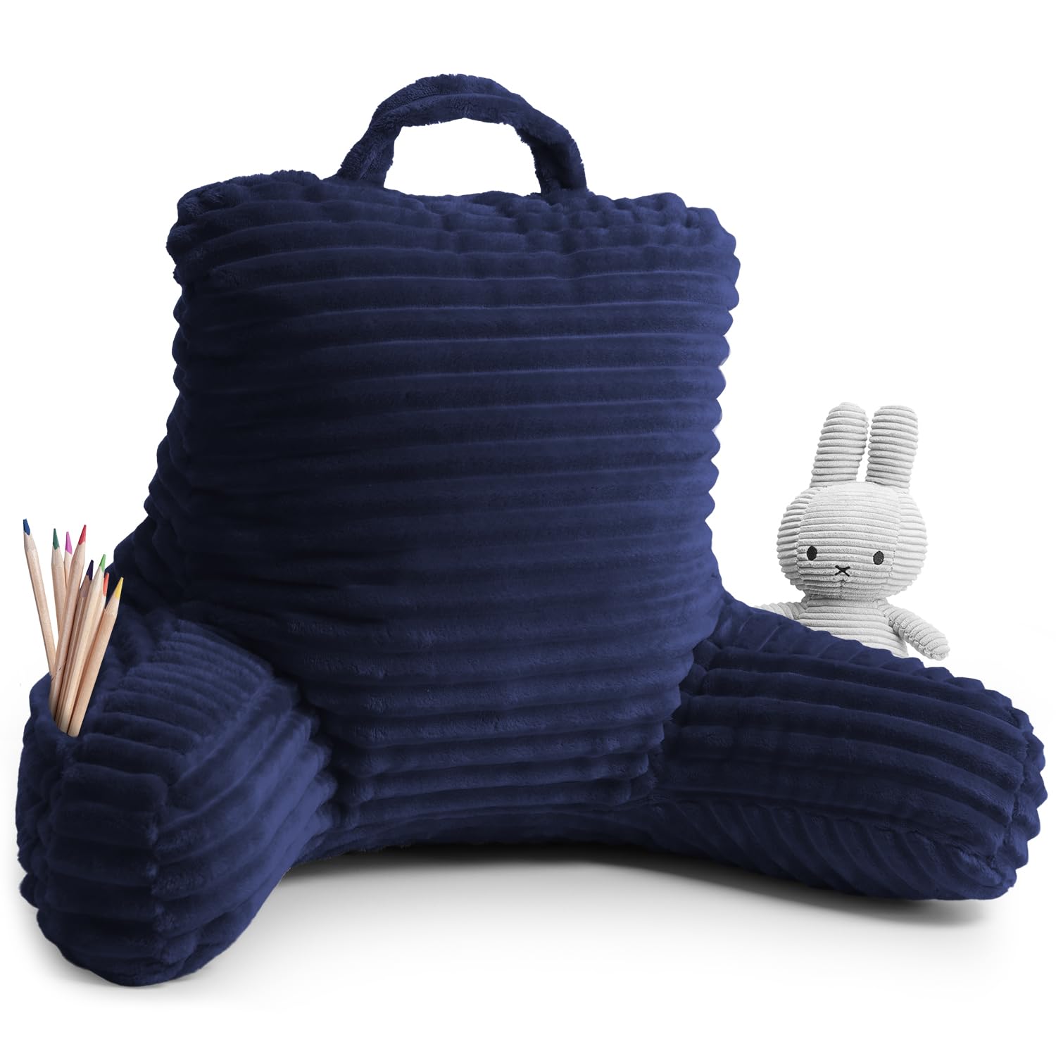 Clara Clark Kids Reading Pillow with Arms & Pockets - Soft Plush Back Support Pillow for Sitting Up in Bed, Shredded Foam Bed Chair - Perfect for Reading, Watching TV, or Gaming (Navy Blue)