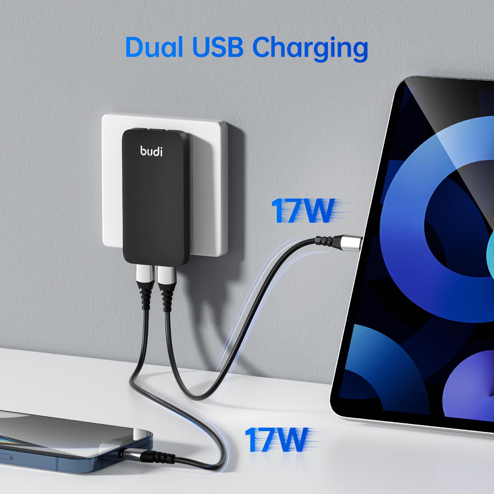BUDI 17W Ultra Slim Foldable Wall Charger with 2 USB-A Ports - Fast Charging for iPhone, iPad, Samsung Galaxy & Home Cameras | Perfect for Travel, Office & Home Use (Black)