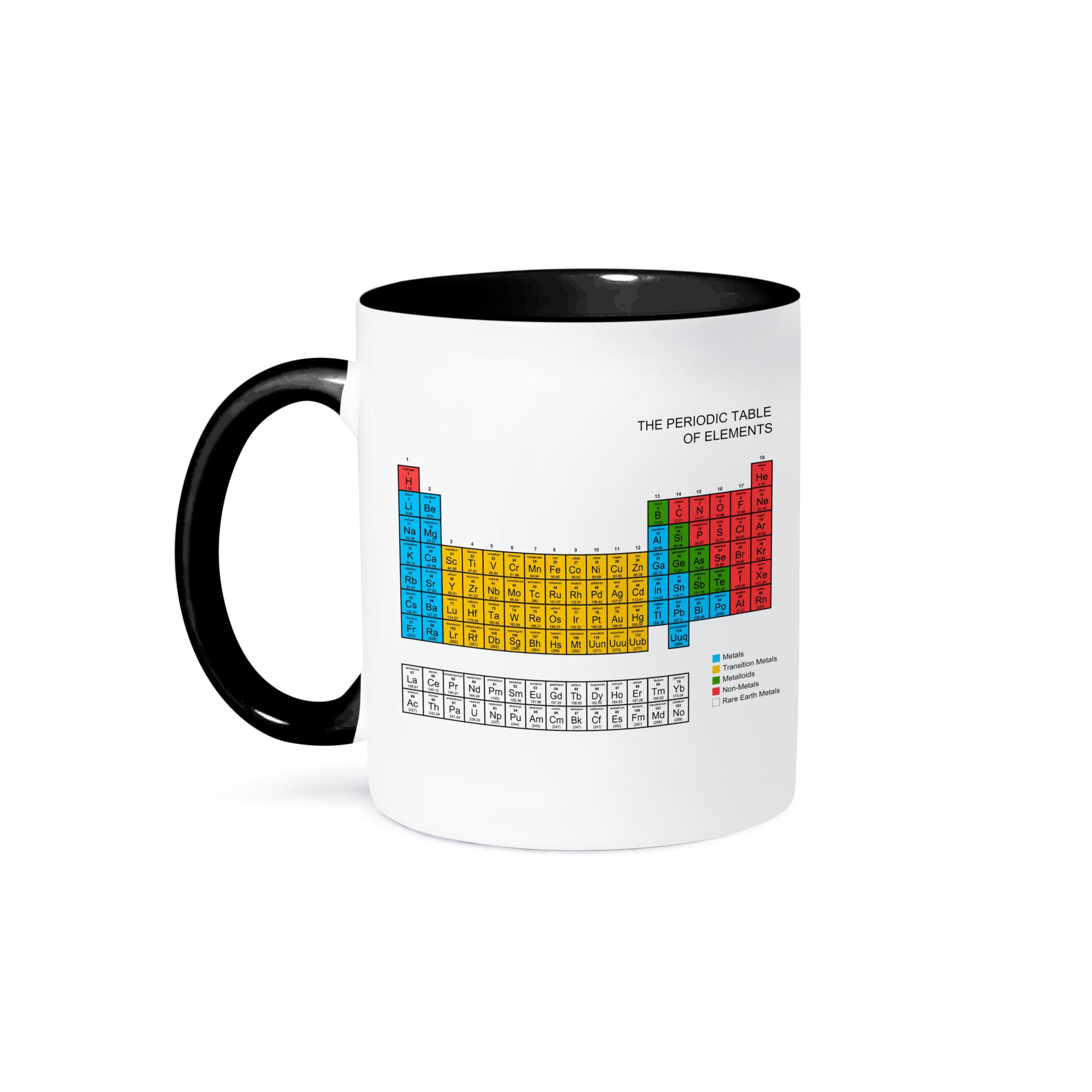 Periodic Table Two Tone Black Mug 11 oz - Science Chemistry Physics Gift for Students & Teachers, Multicolor (Red, Green, Blue, Yellow) - Perfect for Classrooms, Labs & Science Enthusiasts