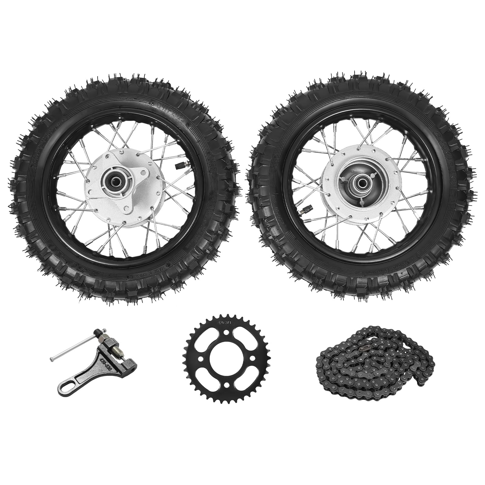 Honda CRF50 XR50 BBR KLX Dirt Bike Front & Rear Wheel Set - 2.50-10 Tire Rim with Drum Brake, Chain & Plate (16