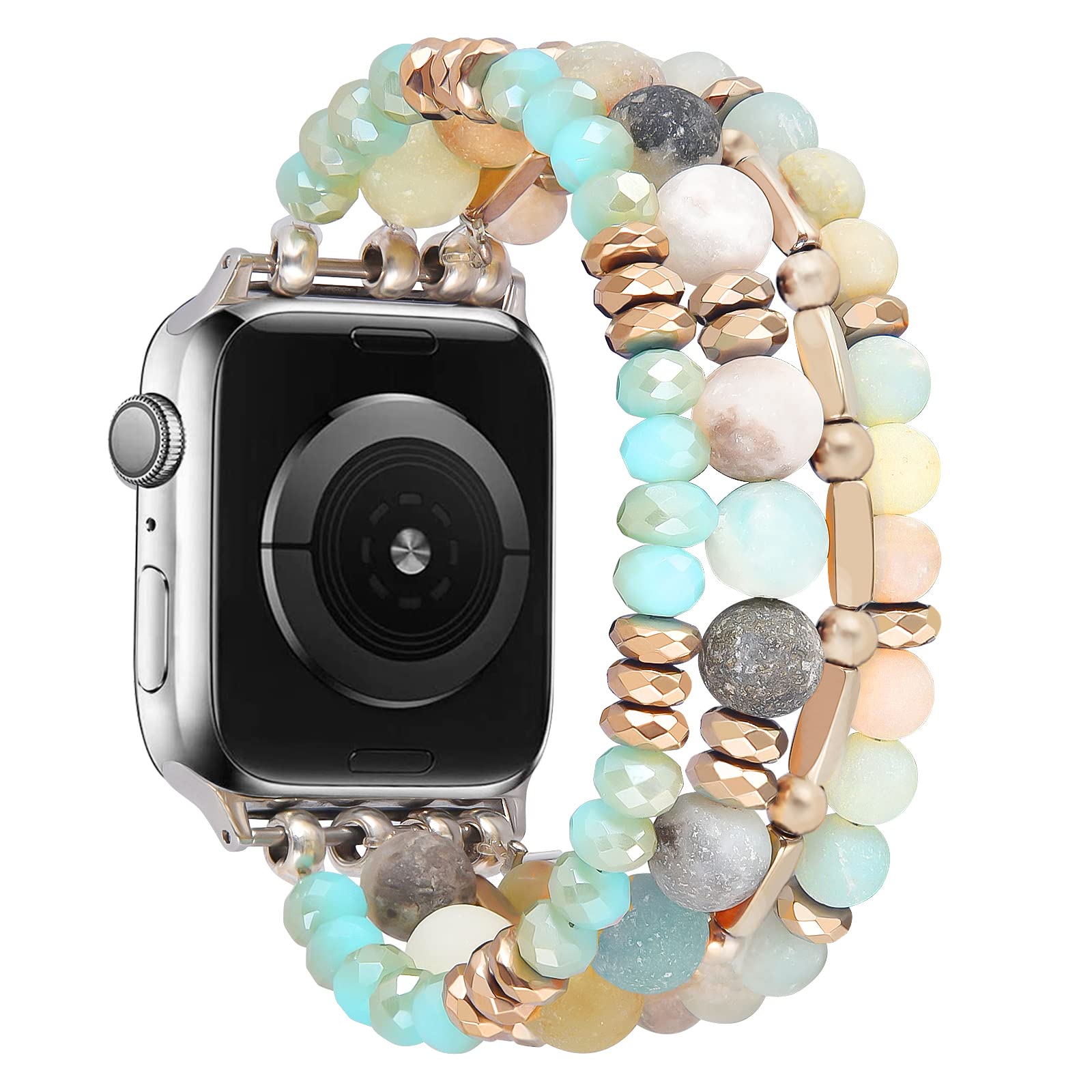 VISOOM Stretchy Beaded Boho Bracelet Compatible with Apple Watch 40mm/38mm/41mm/42mm (Series 1-10 & SE) - Handmade Crystal Beads Fashion Watch Band for Women - Perfect for Work, Yoga & Boho Style Outfits