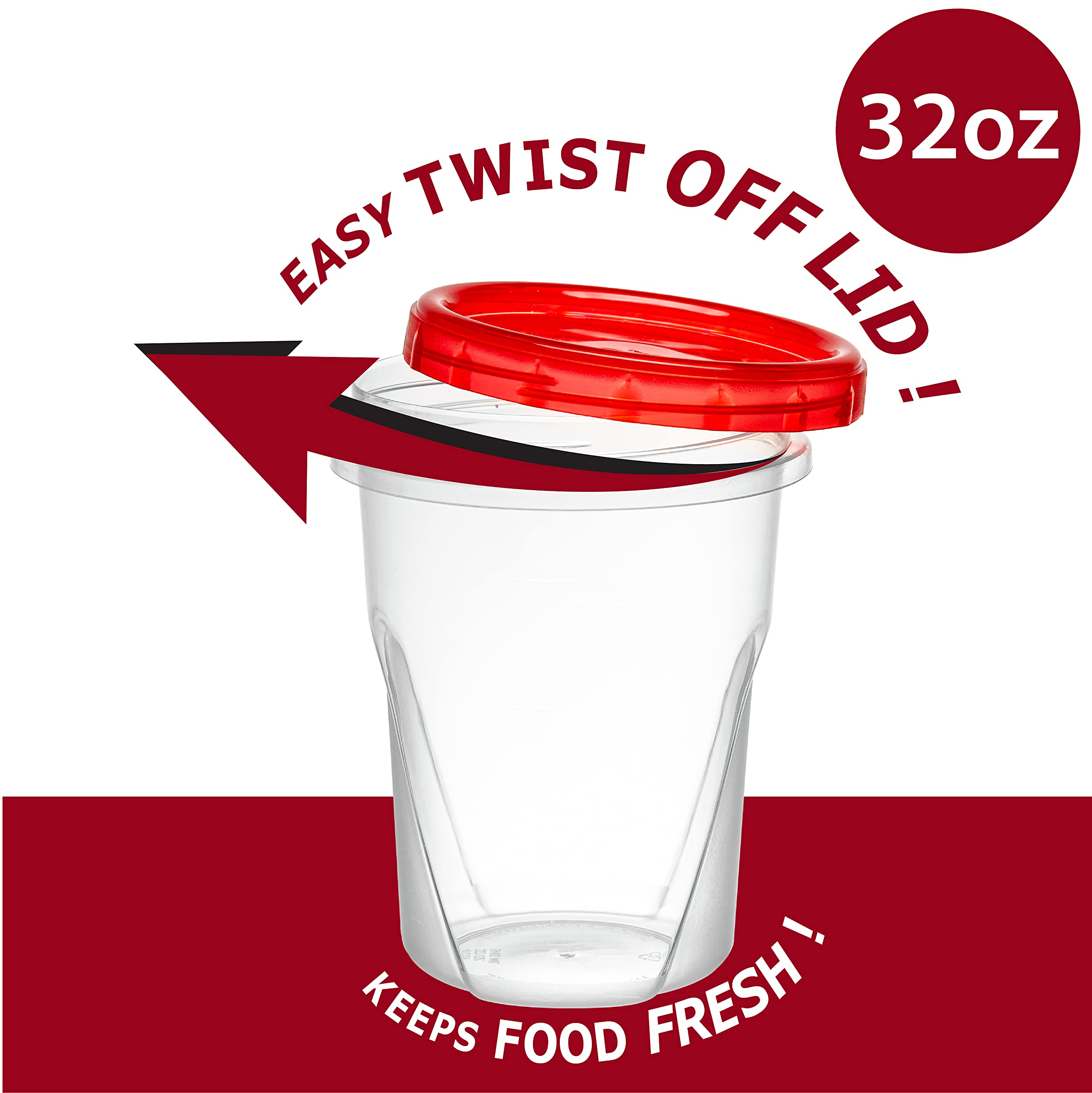 32oz (10 Pack) Clear Plastic Food Storage Containers with Red Twist-On Lids - Airtight Freezer Safe Containers for Meal Prep, Leftovers & Bulk Food Storage