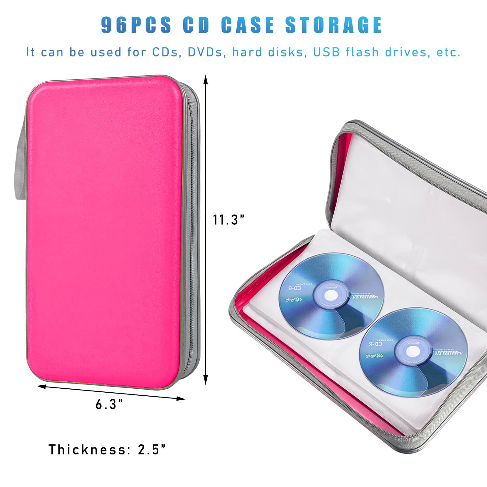 96-Slot Car CD DVD Case - Hard Plastic Organizer with Zipper & Strap for Home, Office & Travel (Rose Red)