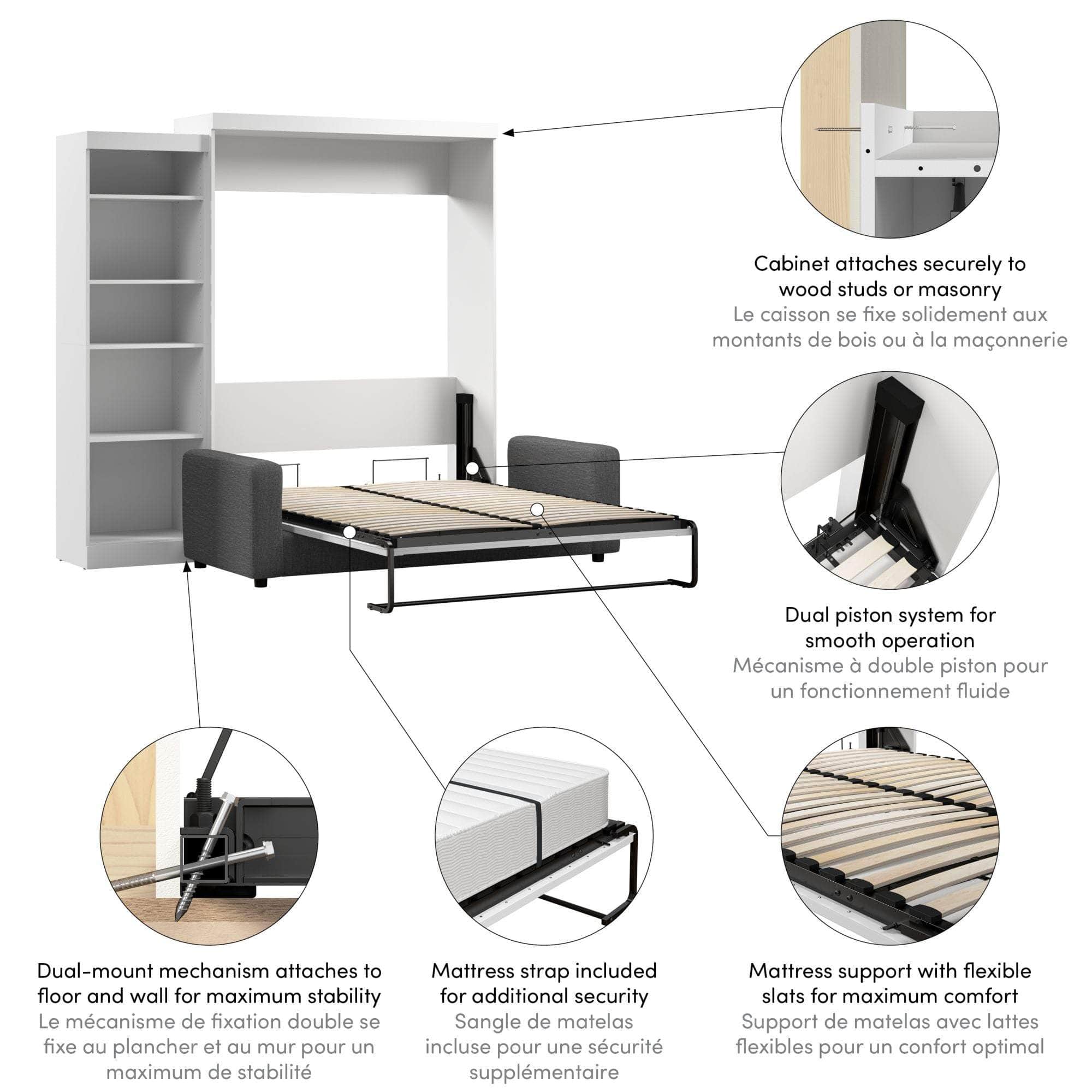 Pur Queen Murphy Wall Bed with Storage & Sofa - Space-Saving White Wall Bed for Small Apartments, Guest Rooms & Home Offices