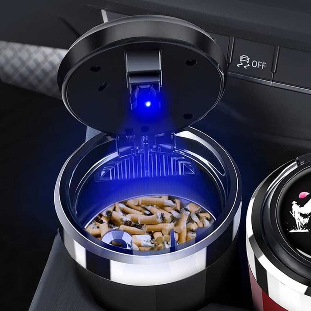Portable Automatic Car Ashtray with Lid - Windproof LED Light Metal Liner, Detachable Mini Car Trash Can for Smokers | Multifunctional Smokeless Ashtray for Outdoor Travel, Camping & Road Trips (Green)
