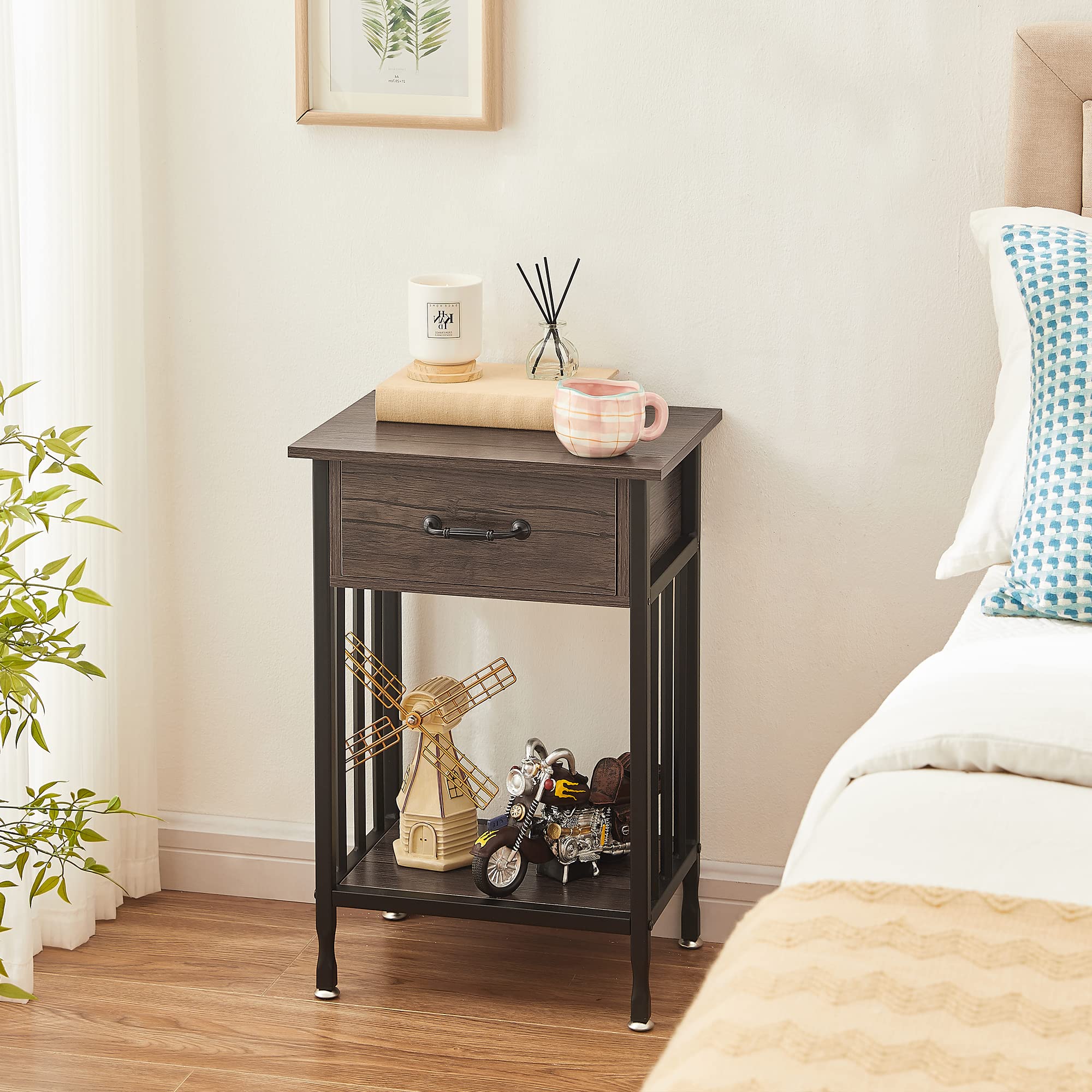 VECELO Industrial Nightstand Set of 2 - Modern Bedside Tables with Drawer & Storage Shelf - Wood & Metal End Tables for Bedroom & Living Room - Easy Assembly 2-Pack in Gray - Perfect for Small Spaces & Apartment Decor