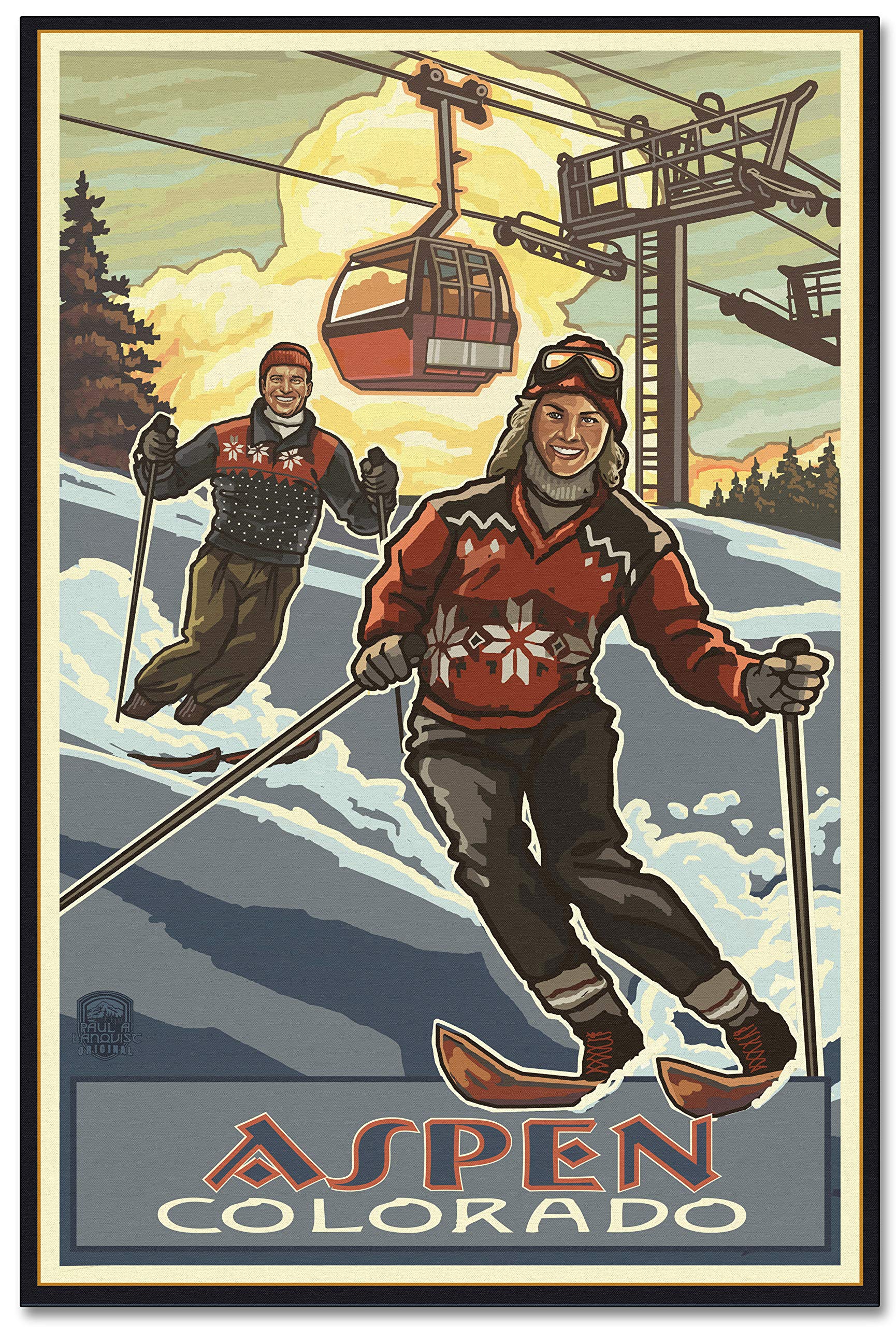 Downhill Skier Pair Aspen Colorado Giclee Archival Canvas Print Wall Art - 24