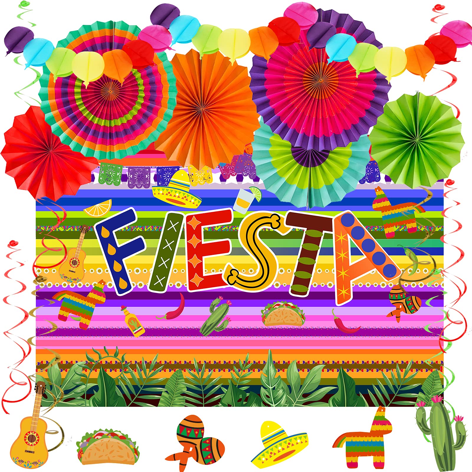 Vibrant Fiesta Party Decorations Set - Colorful Mexican Themed Photography Backdrop, Fan Swirls & Balloon Garland for Cinco de Mayo, Taco Tuesday, Birthday Celebrations - Perfect for Festive Home Decor and Social Media Photo Shoots