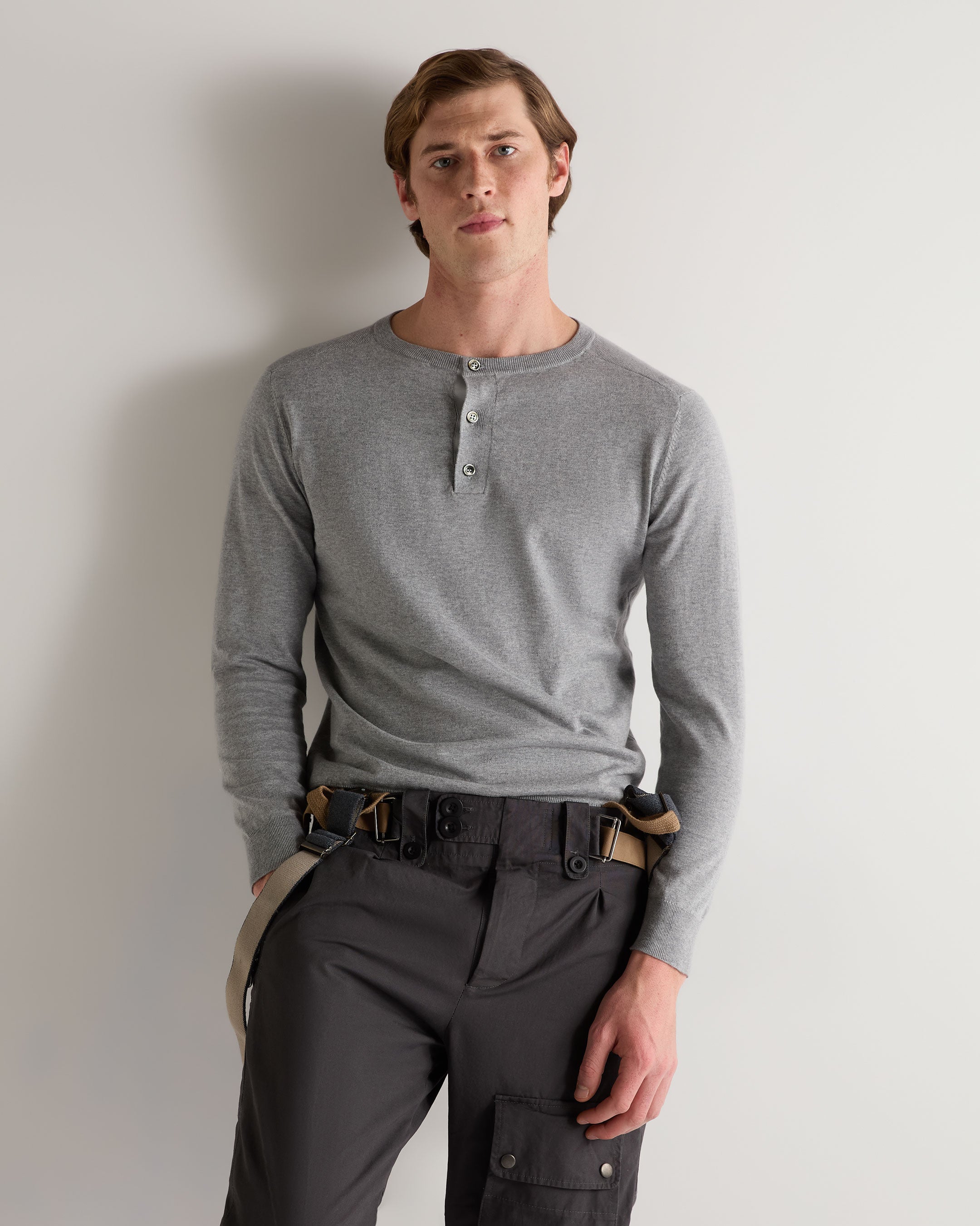 007 Men's Round Neck Cotton Cashmere Henley Sweater - Light Grey - Soft & Comfortable Pullover for Casual Wear, Office & Outdoor Activities
