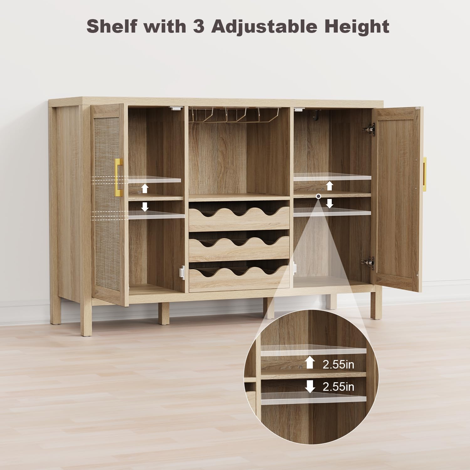 Boho Rattan Wine Bar Cabinet with Glass Holder & Drawer Style Wine Racks - Oak Sideboard Buffet Storage Cabinet for Living Room, Dining Room & Kitchen - Perfect for Home Entertaining & Wine Storage