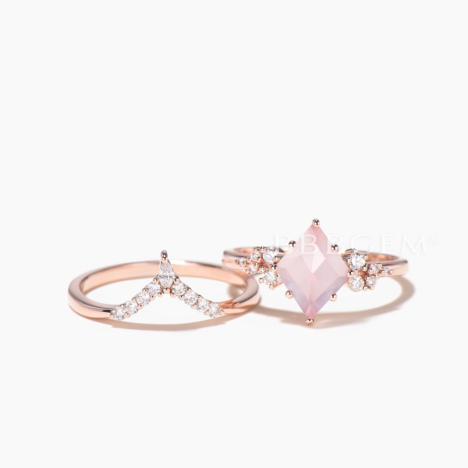 Natural Rose Quartz Engagement Ring & Wedding Band Set - Rhomboid Kite Cut Diamond Bridal Jewelry for Proposals, Anniversaries & Special Occasions